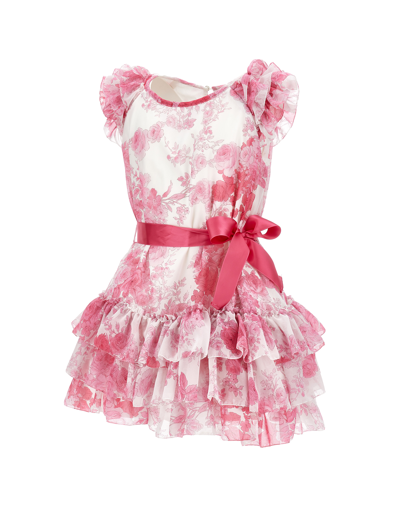 Monnalisa Low-waisted Tulle Dress In Cream + Magenta