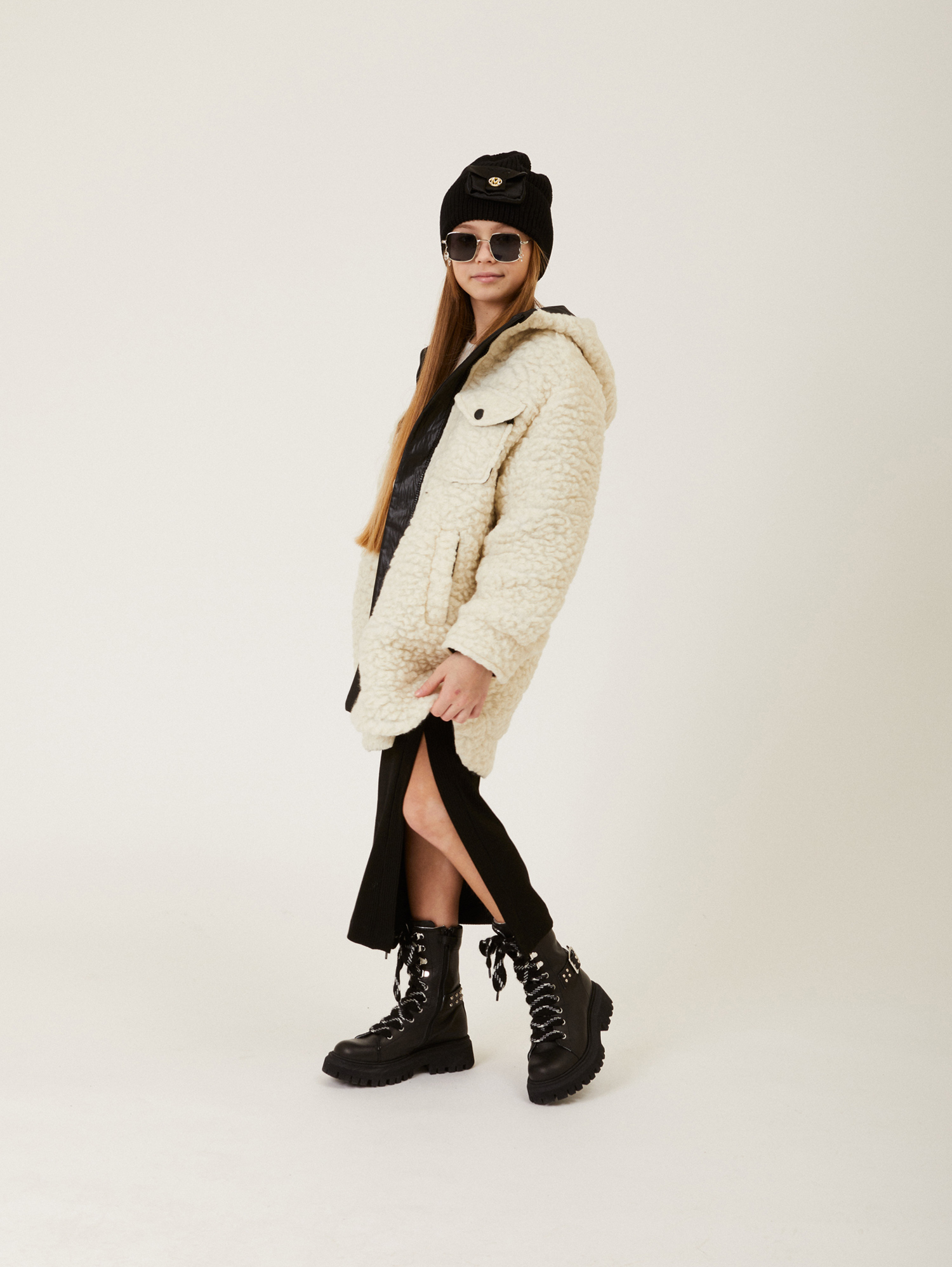 Monnalisa Plush Knitted Parka In Cream + Black