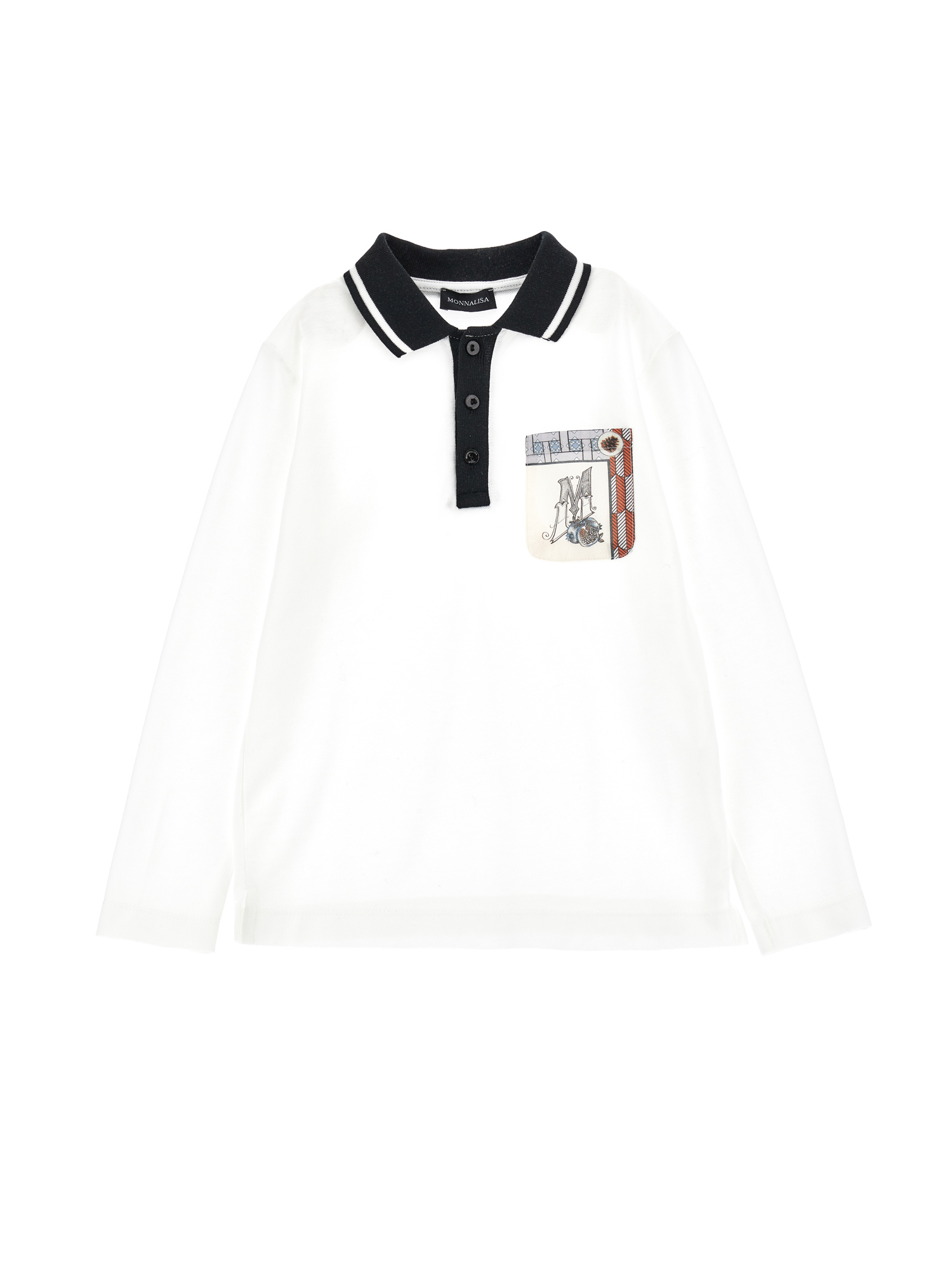 Monnalisa Cotton Piqué Polo Shirt With Scarf Pocket In Cream + Black