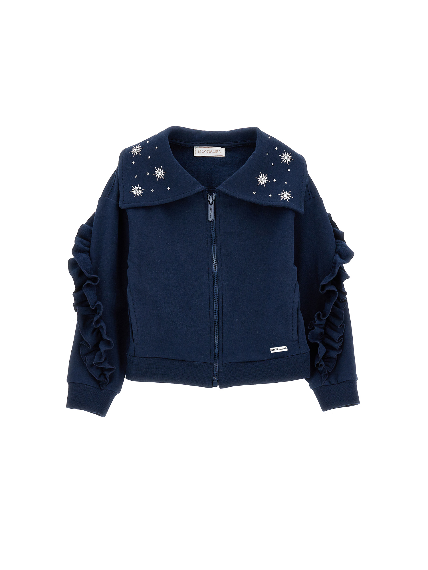 Zip-up sweatshirt with crystals and ruffles girl | Monnalisa