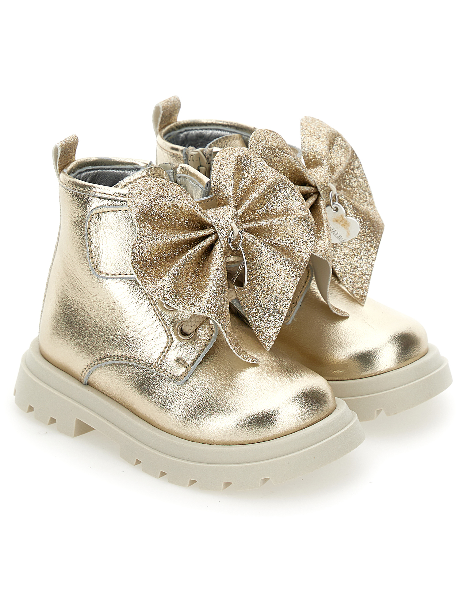 Monnalisa Leather Boots With Glitter Bow In Light Gold