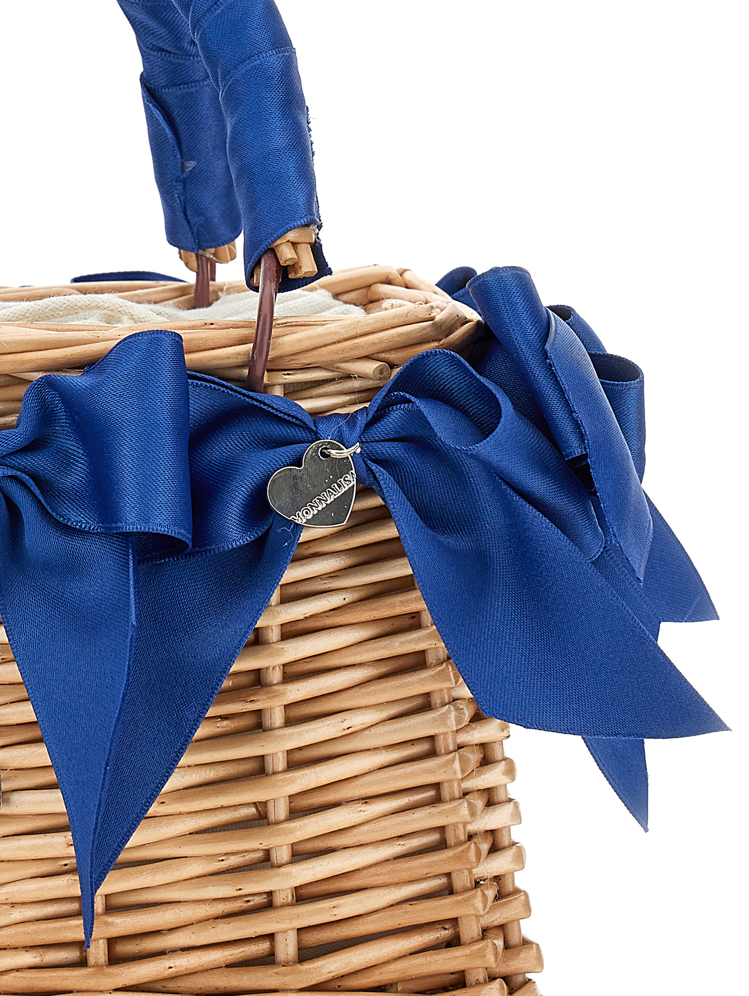 Monnalisa Wicker Bag With Satin Bows In Navy Blue