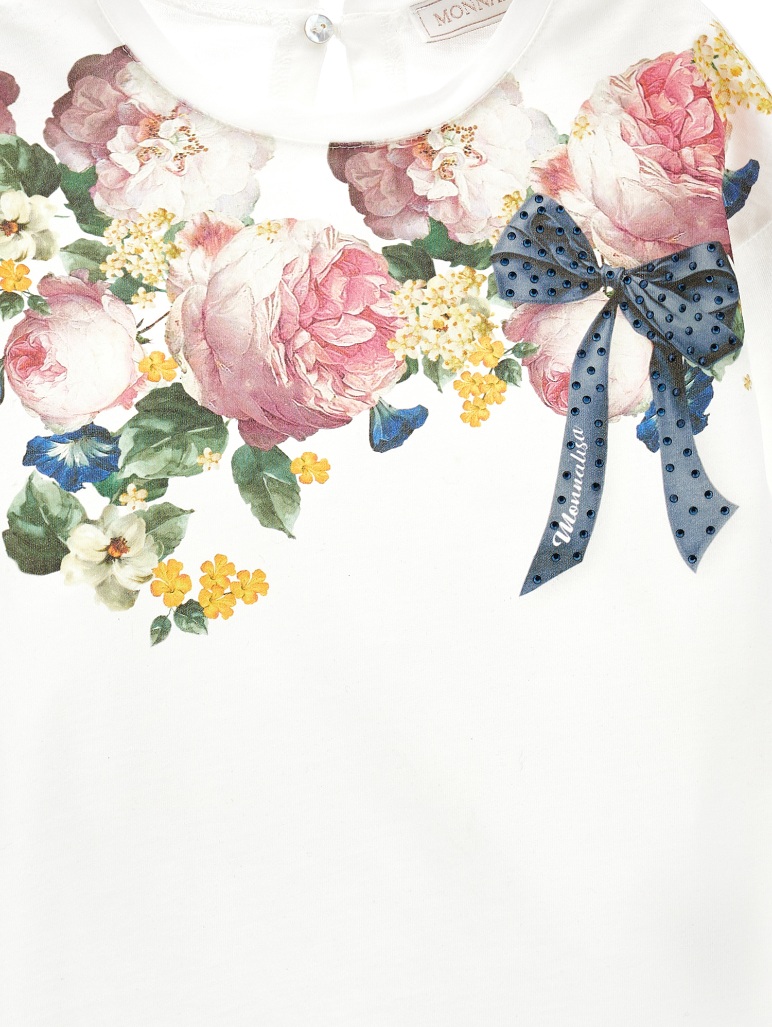 Monnalisa Floral-print Cotton Trouser Set In Cream + Navy Blue