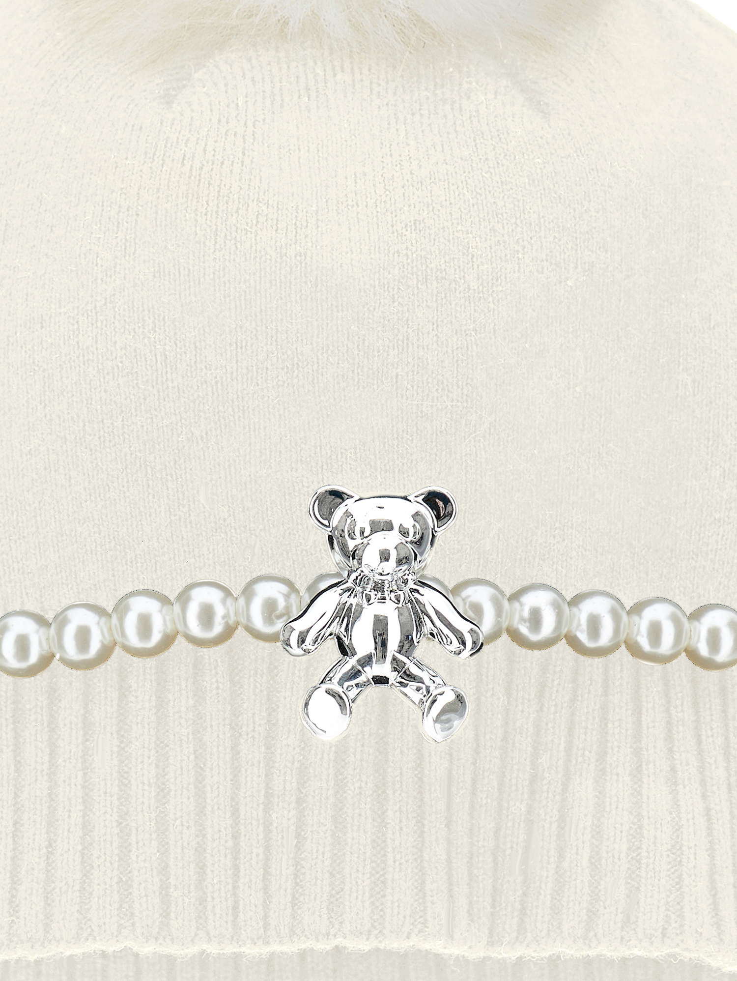 Monnalisa Pom Pom Hat And Teddy Bear In White