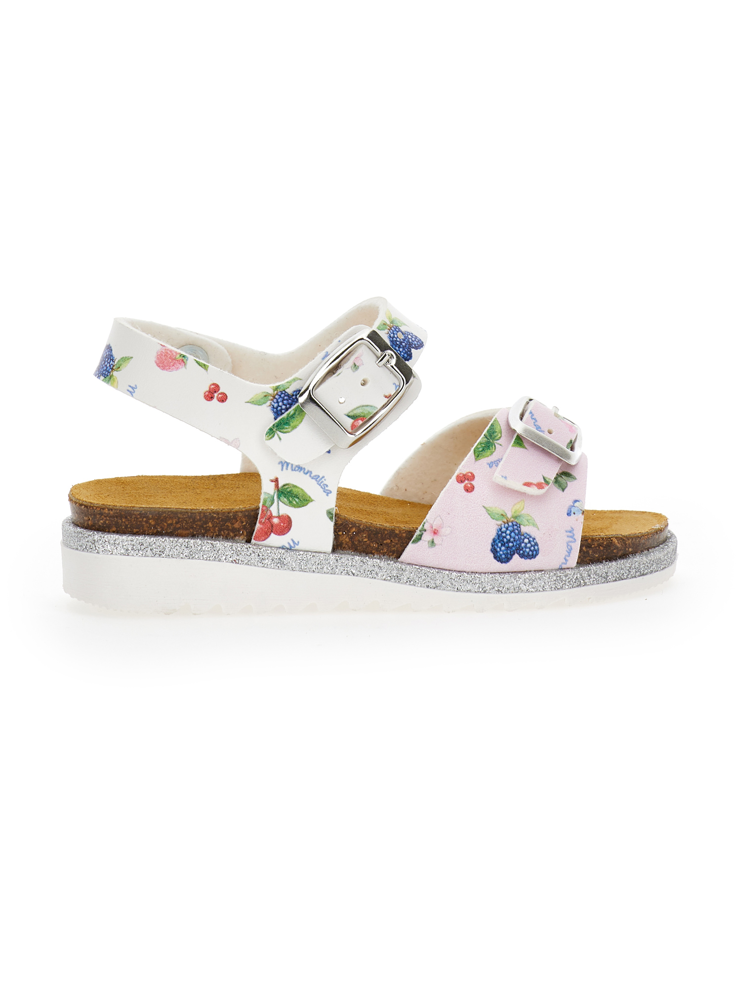 Monnalisa Floral-print Buckled Sandals In White + Rosa Fairytale