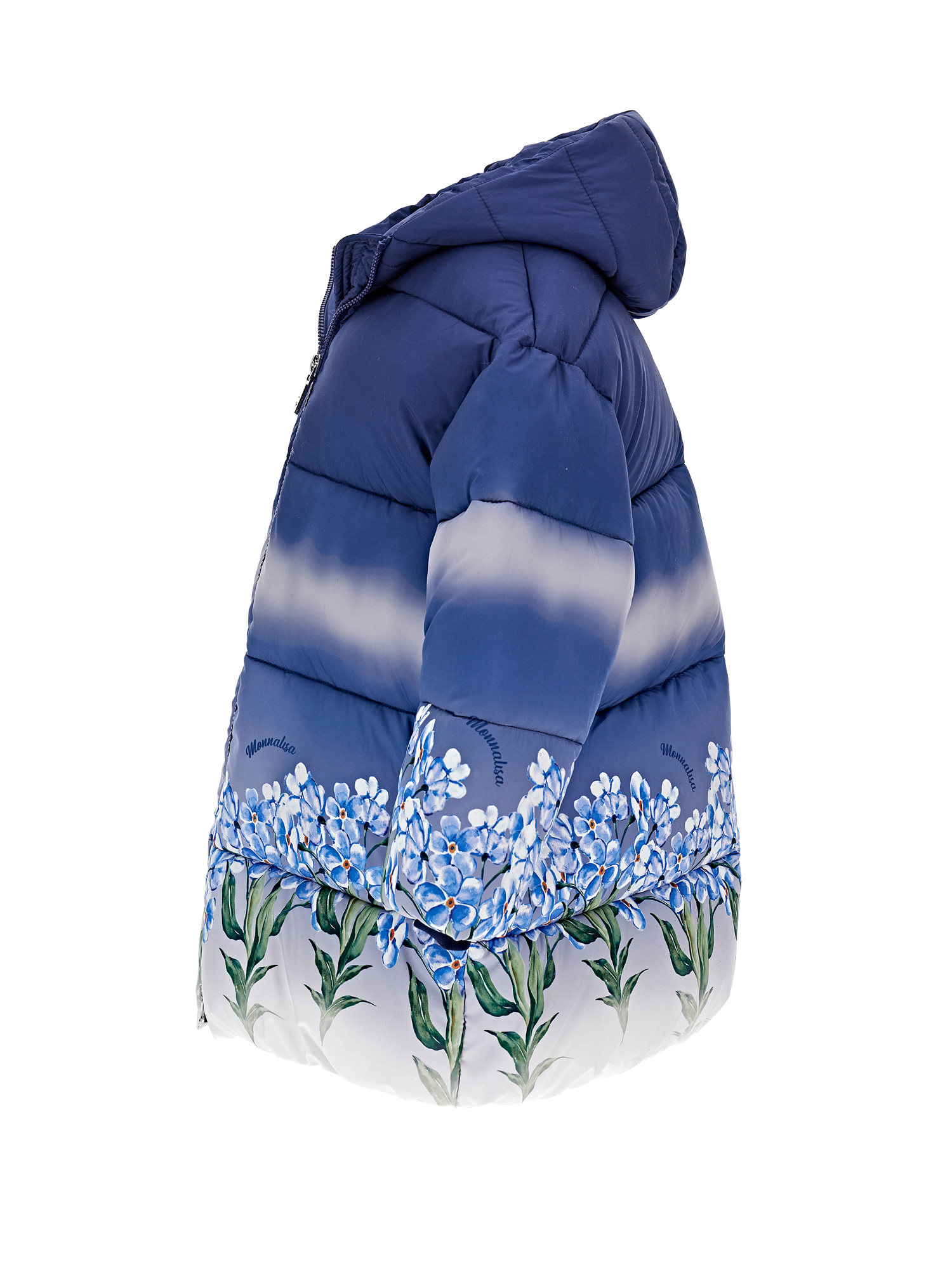 Monnalisa Graduated Down Coat With Flowers In Blue + Cream
