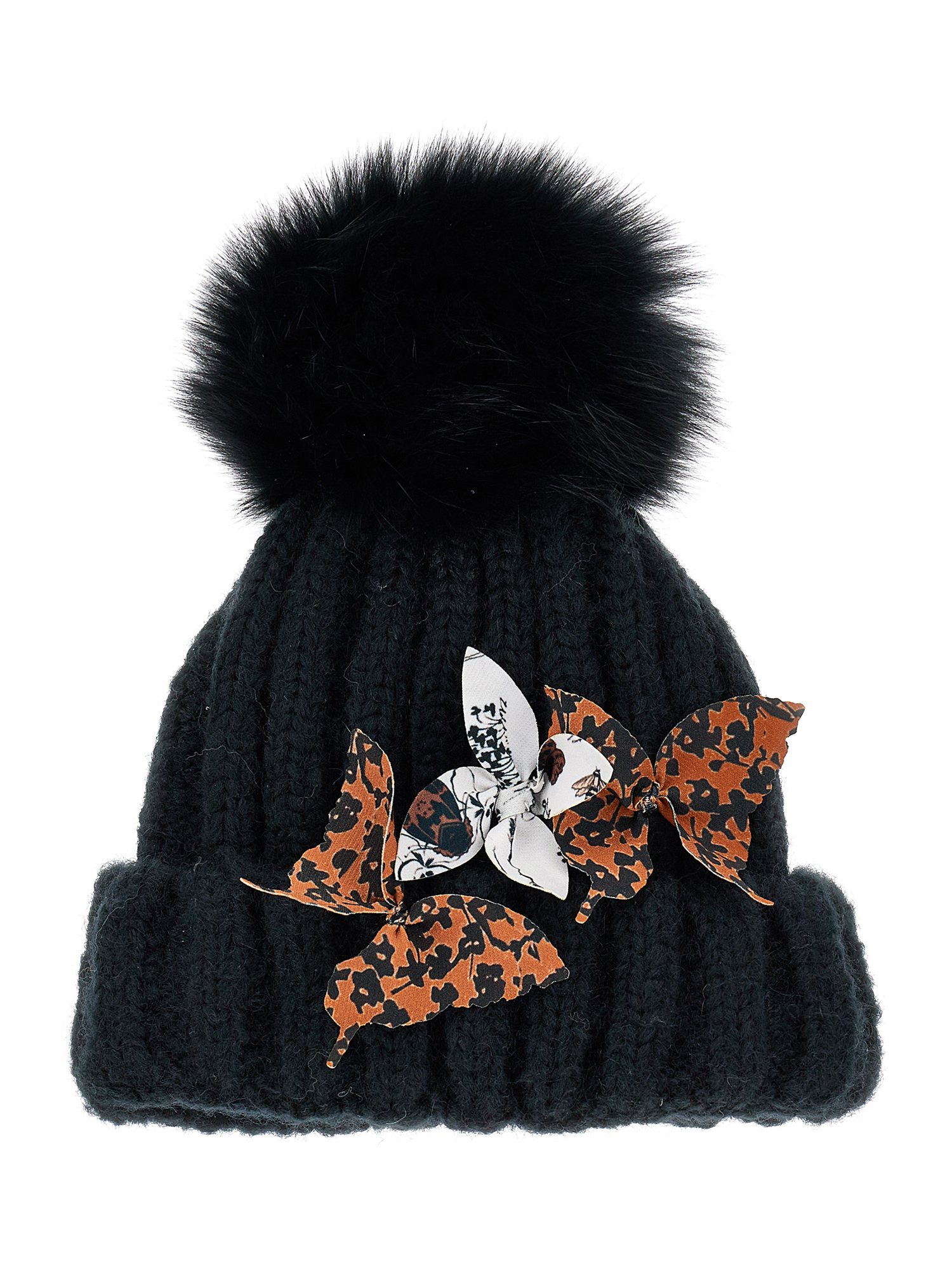 Monnalisa Wool Blend Hat With Pom Pom In Black
