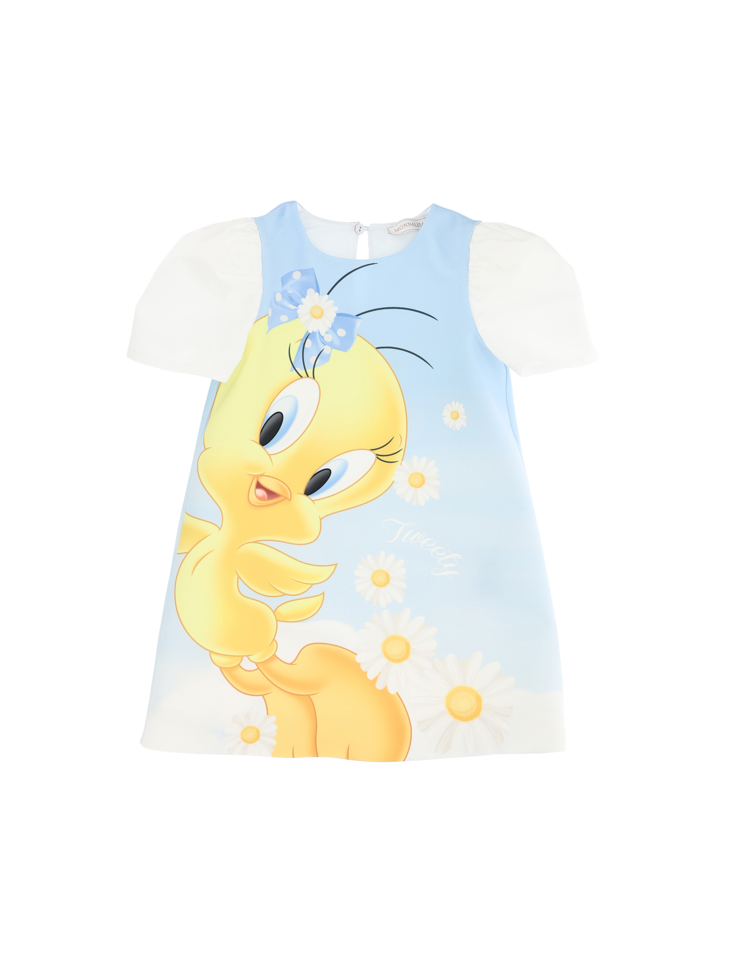 Monnalisa Light Blue Dress With Tweety Bird Print In Cream + Light Blue