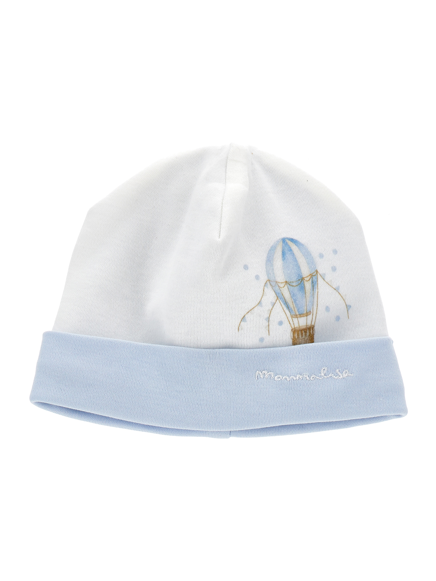 Monnalisa Cotton Bonnet With Logoed Brim In Cream White + Sky Blue