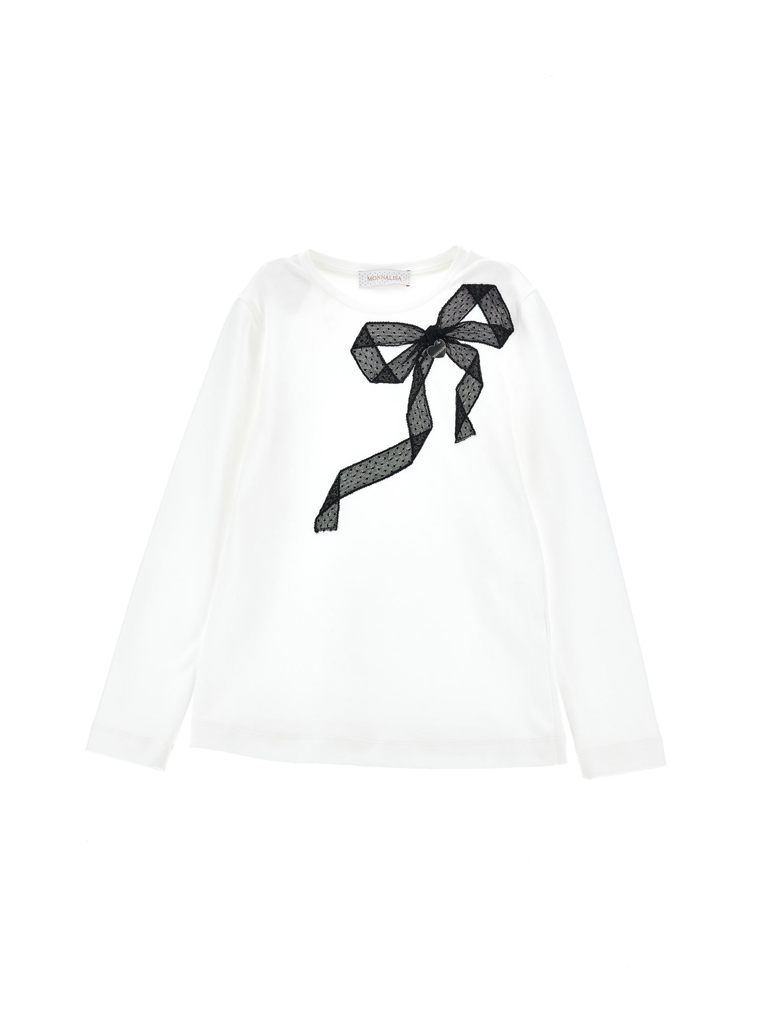 Monnalisa Cotton T-shirt With Ribbon Decoration In Cream + Black