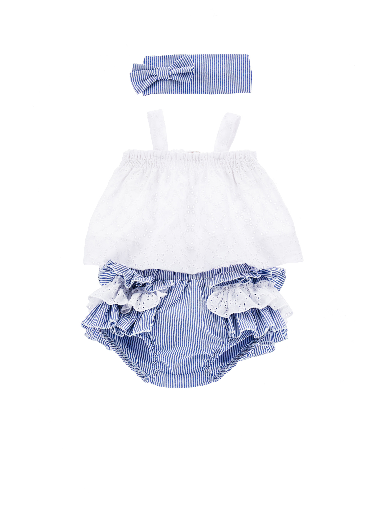 Monnalisa Babies'   Three-piece Broderie Anglaise Sundress Set In White + Blue