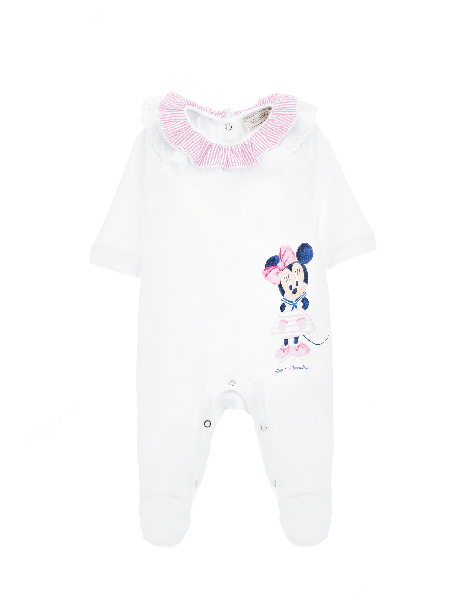 Monnalisa Kids'   Cotton Playsuit With Striped Collar And Lace In White + Rosa Fairytale