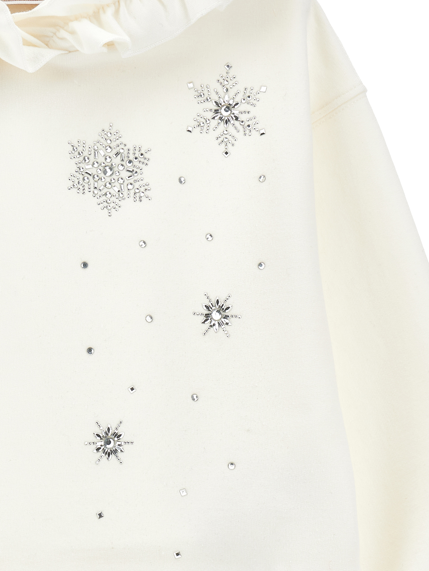 Monnalisa Cotton Sweatshirt With Ruffles And Rhinestones In Cream