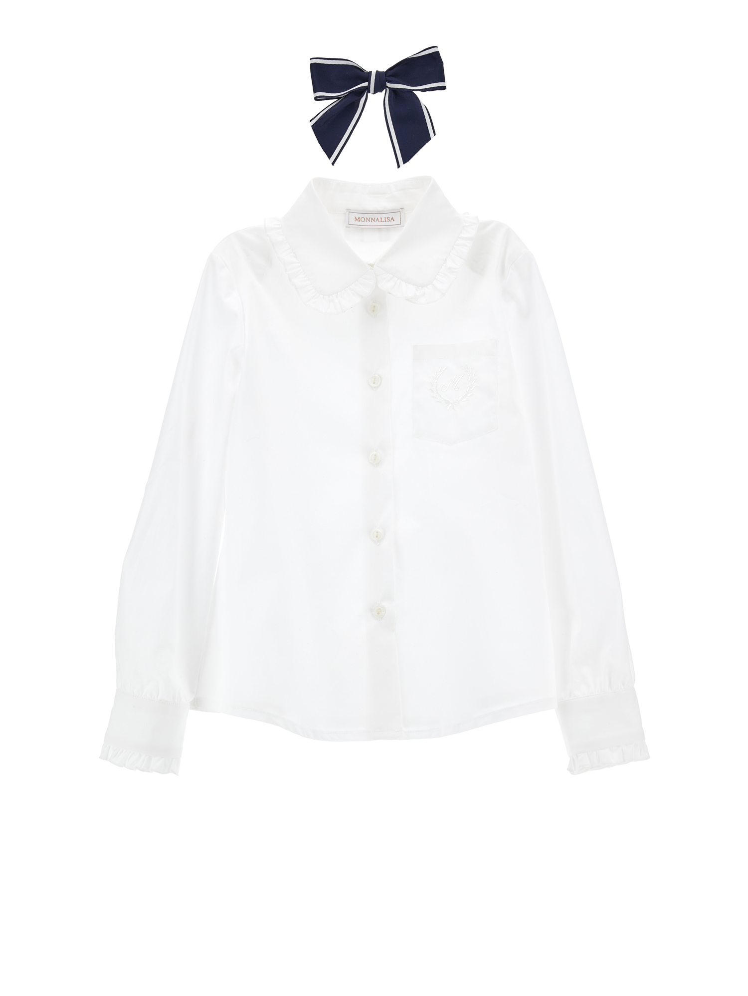 Monnalisa Stretch Shirt With Bow In White + Blue