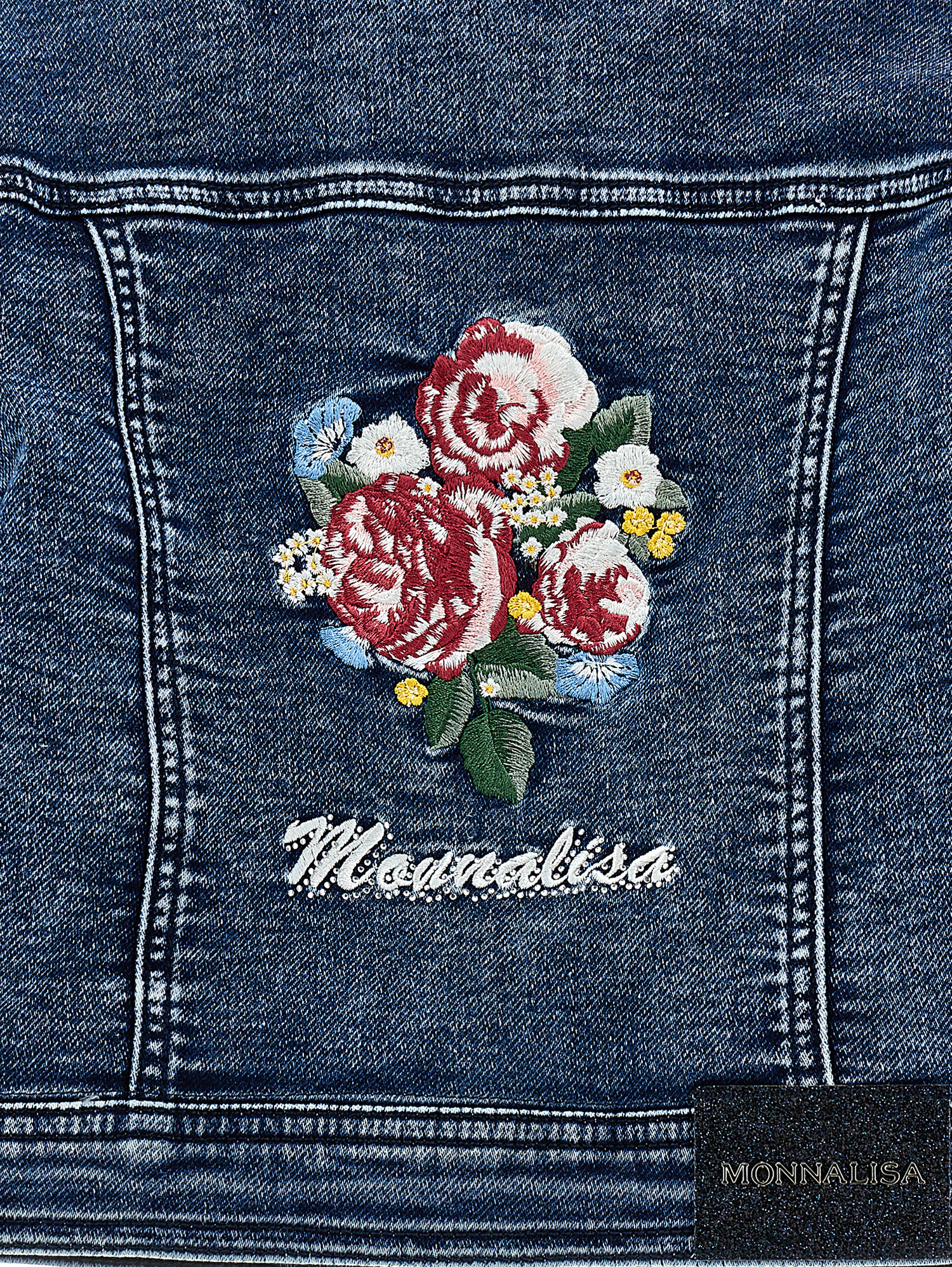 Monnalisa Embroidered Denim Jacket In Blu Stone Denim
