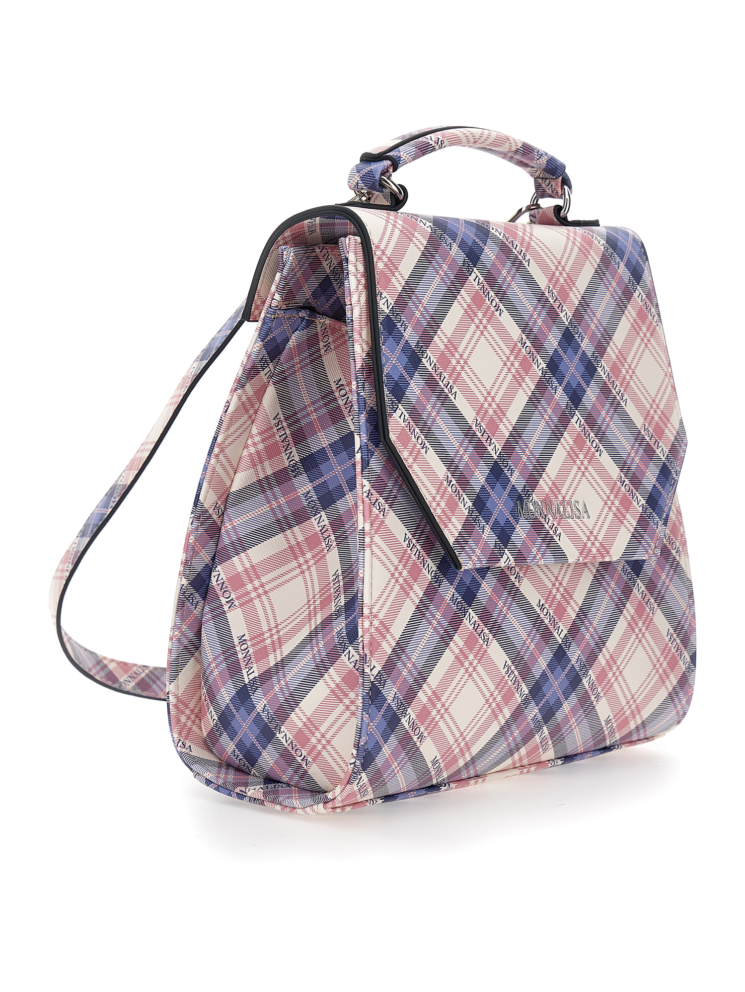Monnalisa Tartan Fabric Backpack In Navy Blue + Cyclamen