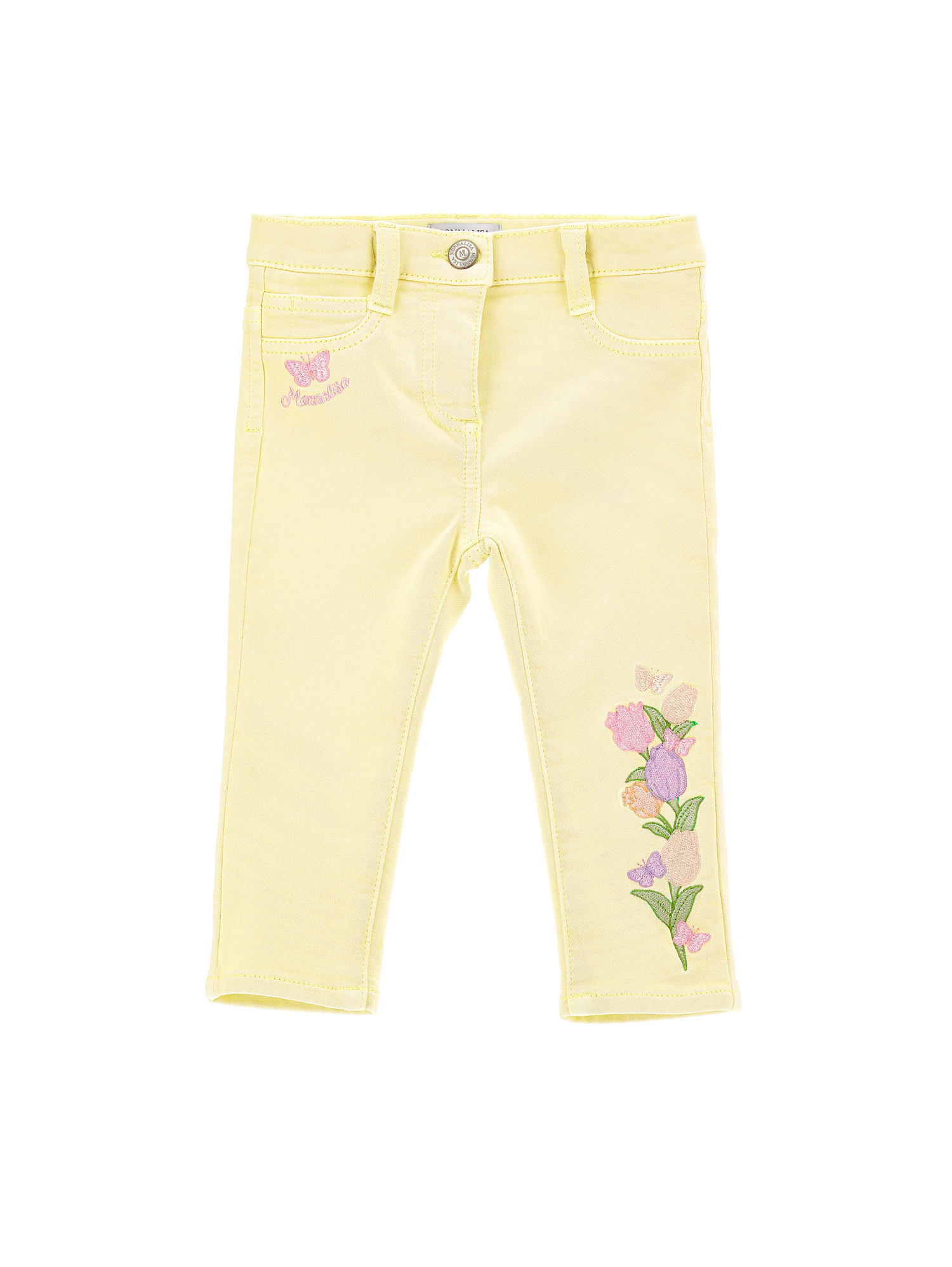 Monnalisa Five-pocket Embroidered Jeans In Light Yellow