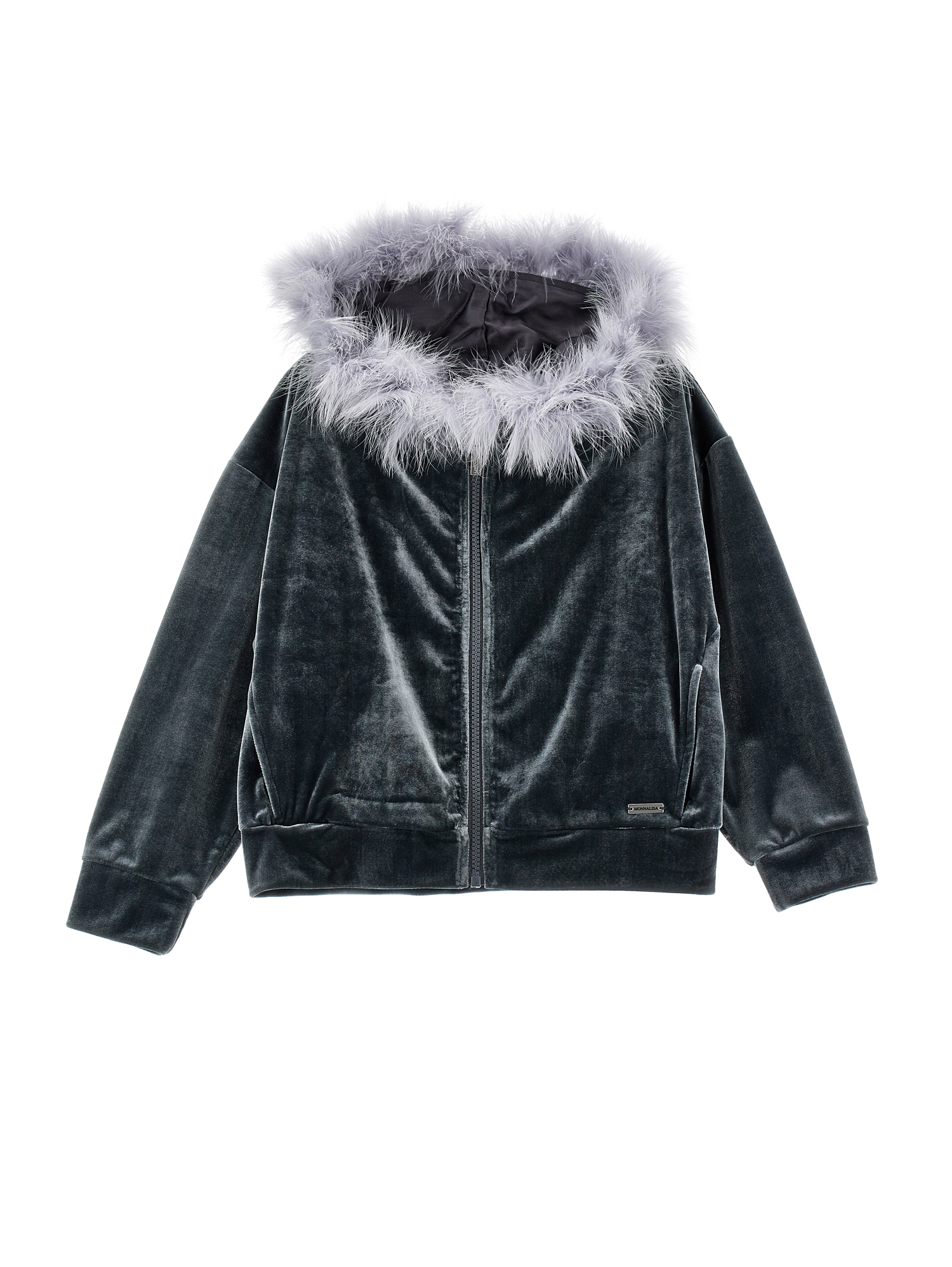 Monnalisa Zip-up Sweatshirt With Feathers In Medium Grey