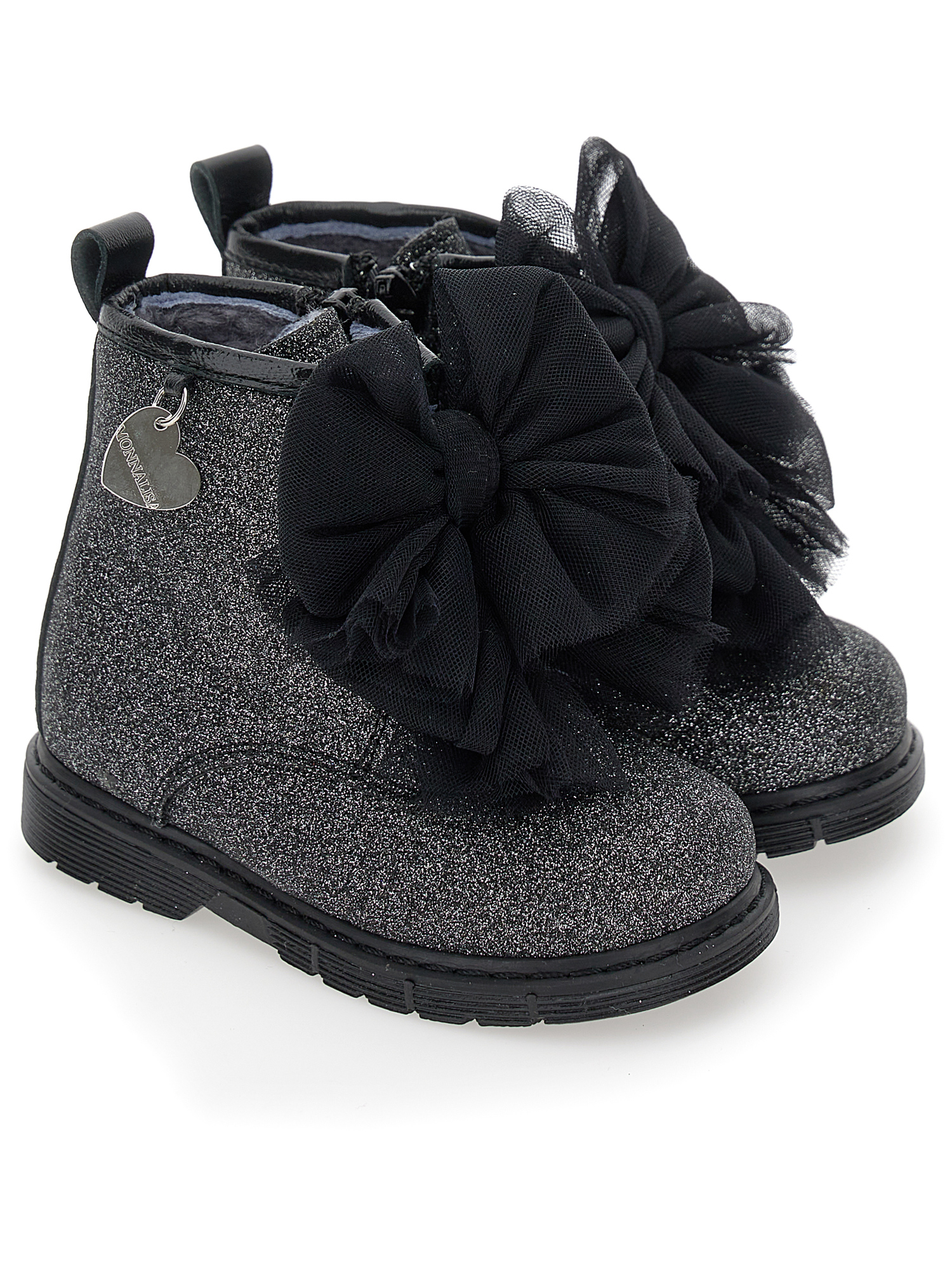 Shop Monnalisa Sheepskin-lined Glitter Bow Combat Boots In Black