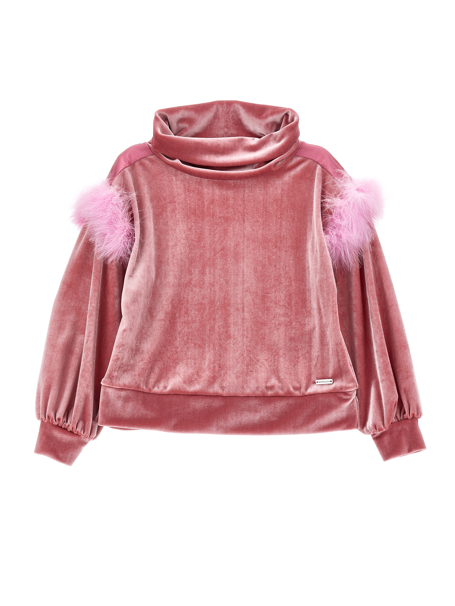 Monnalisa Cowl-neck Sweatshirt With Feathers In Blush Pink
