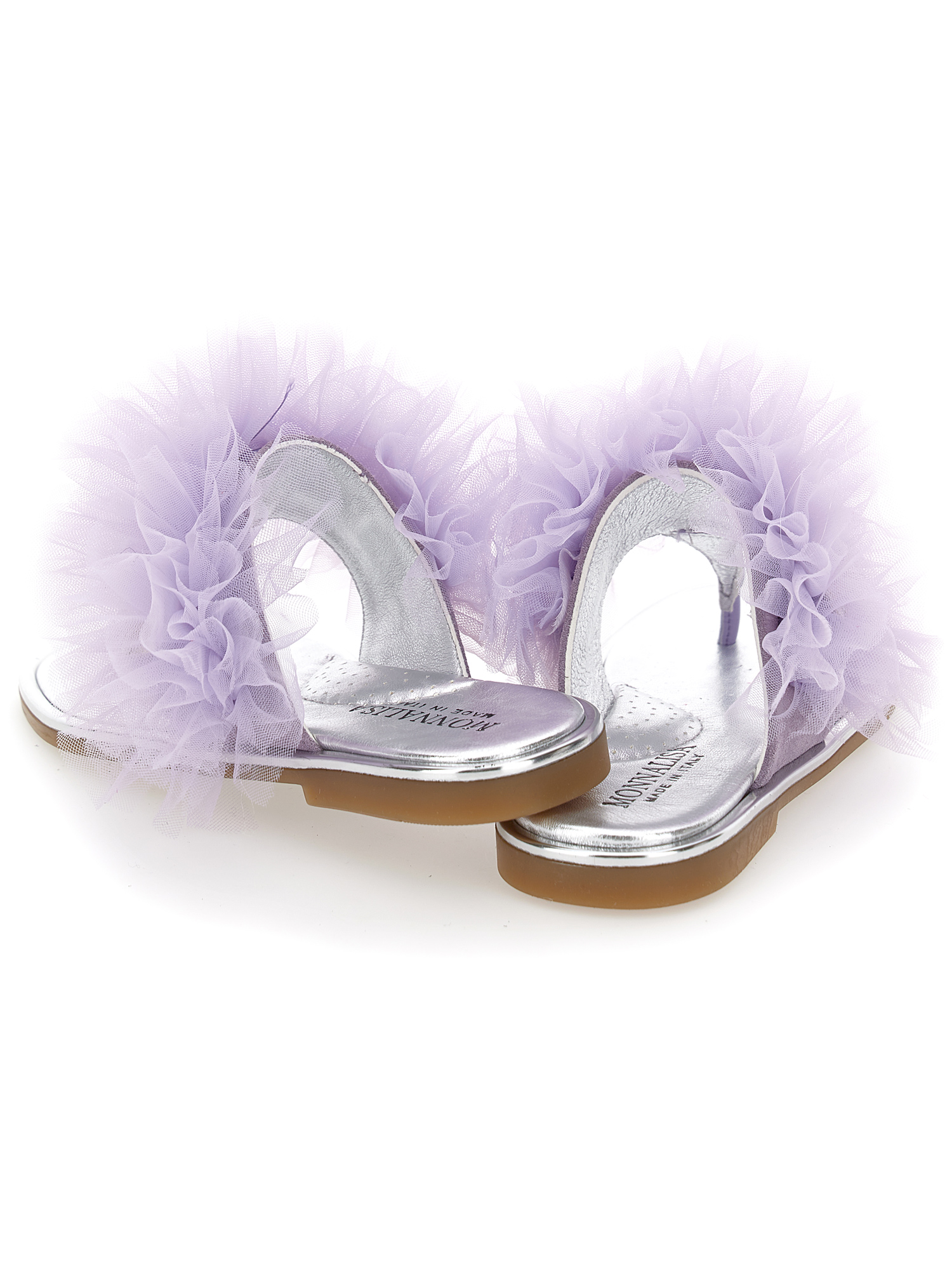 Monnalisa Nappa Leather Thong Sandals With Tulle Ruffle In Wisteria