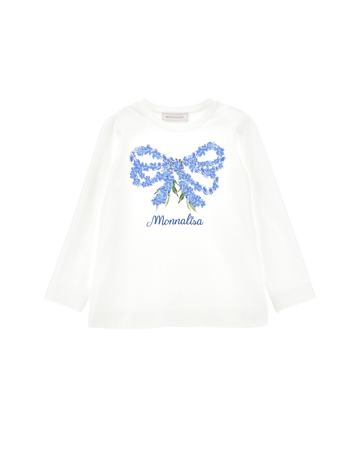 Monnalisa Bow-print Long-sleeve T-shirt In Cream + Light Blue