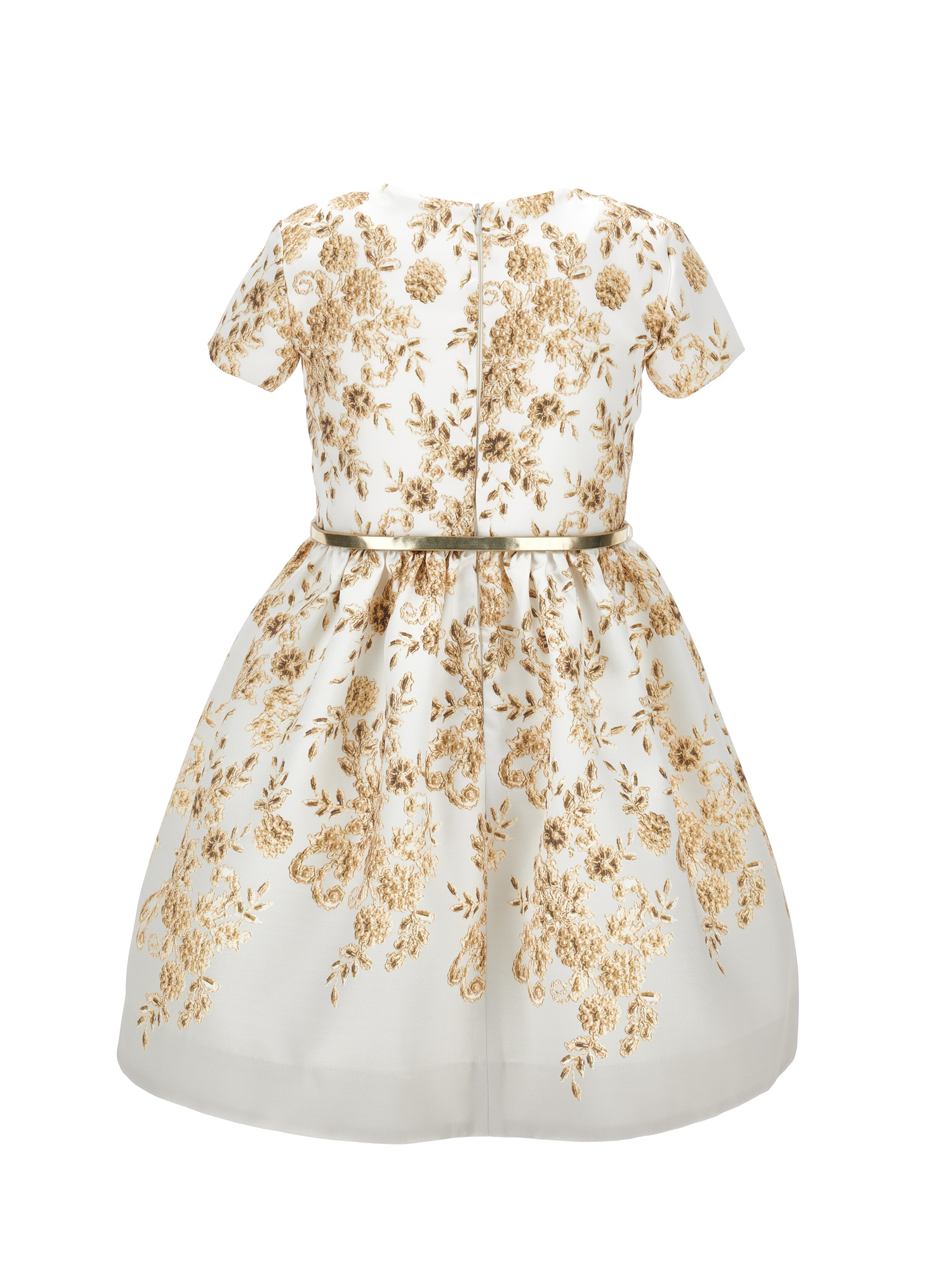 Monnalisa Mikado Dress With Ramage Print In Cream + Gold