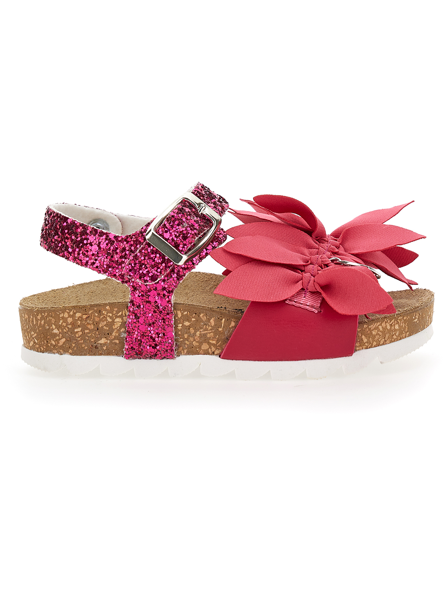Monnalisa Glitter Sandals With Flowers In Bright Peach Pink