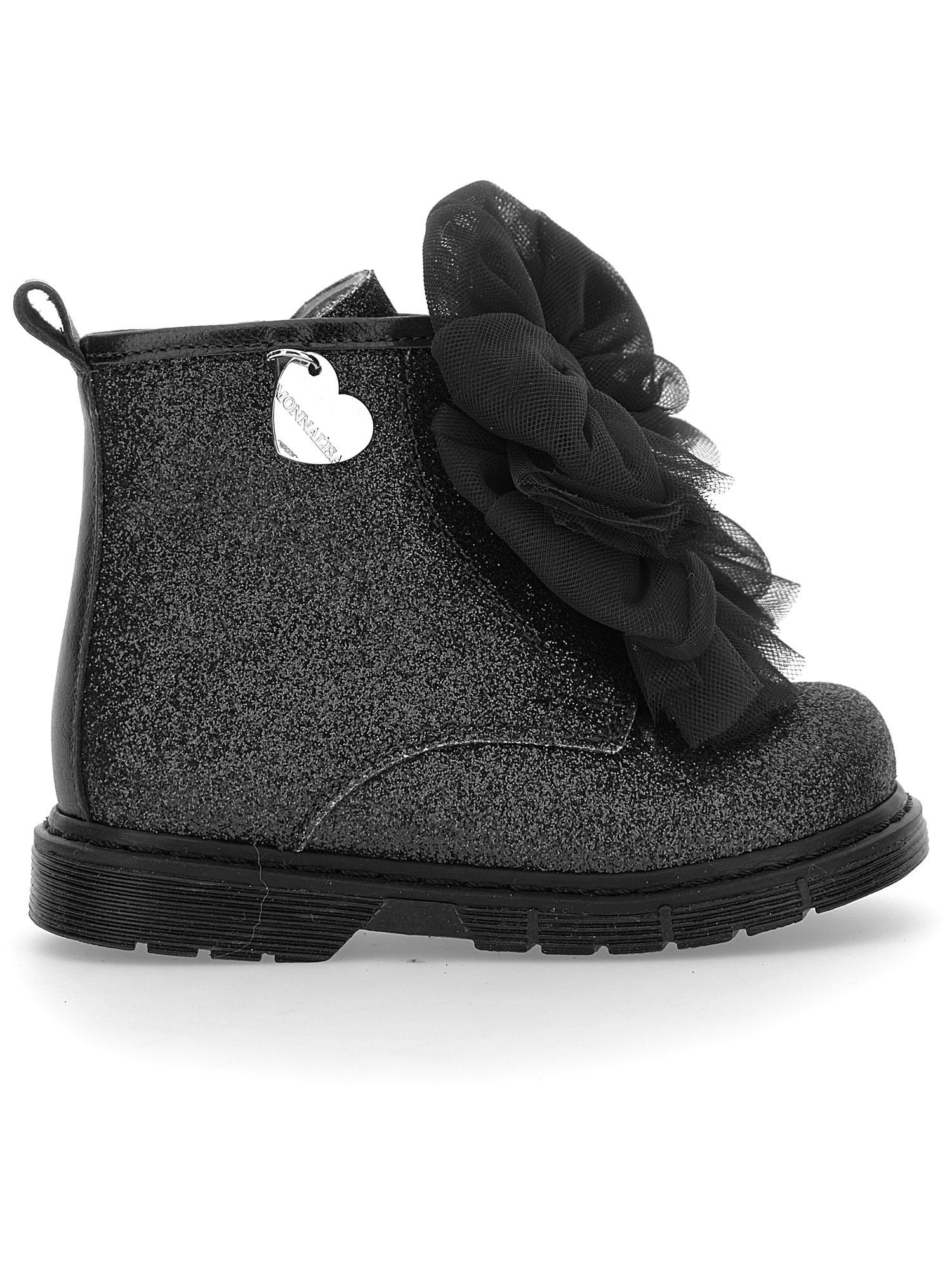 Monnalisa Glitter Combat Boots With Bows In Black
