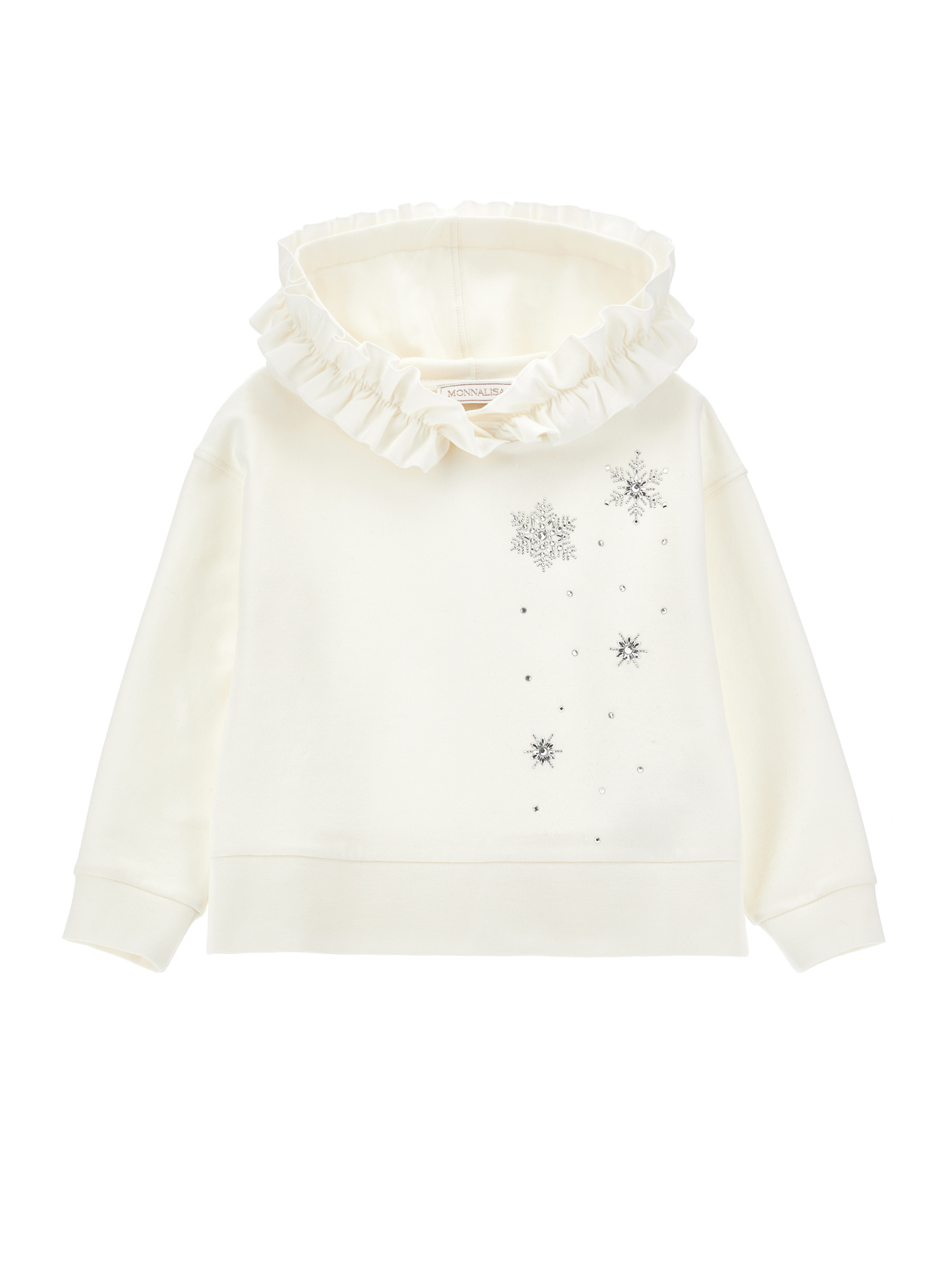 Monnalisa Cotton Sweatshirt With Ruffles And Rhinestones In Cream
