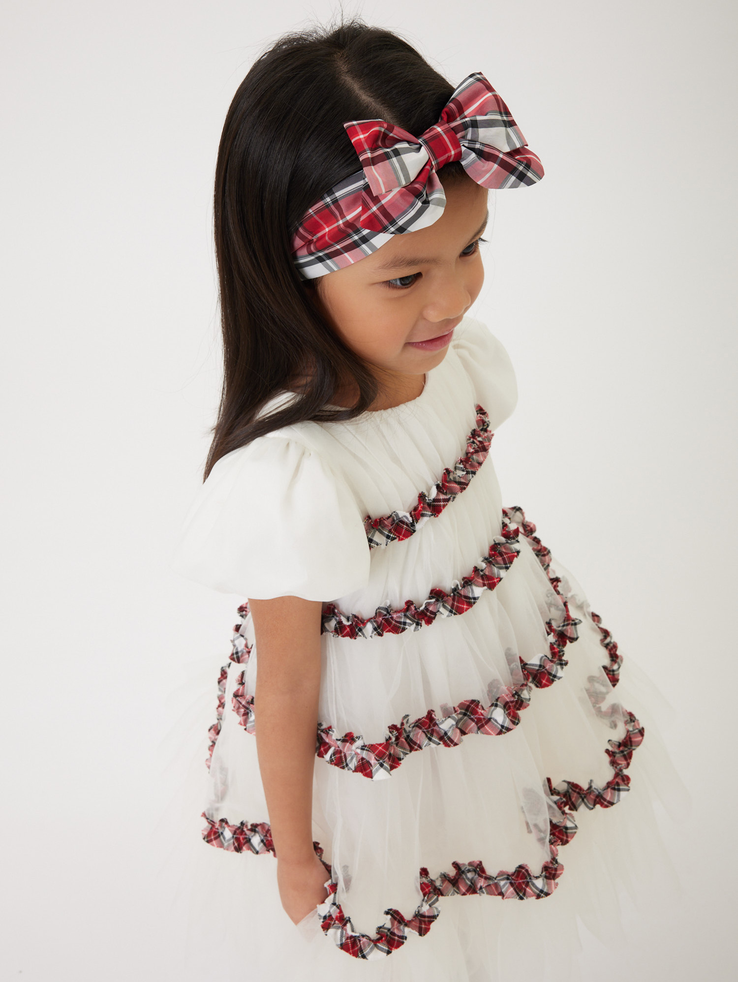 Monnalisa Tartan Pleated Tulle Dress With Ruffles In Cream + Ruby Red