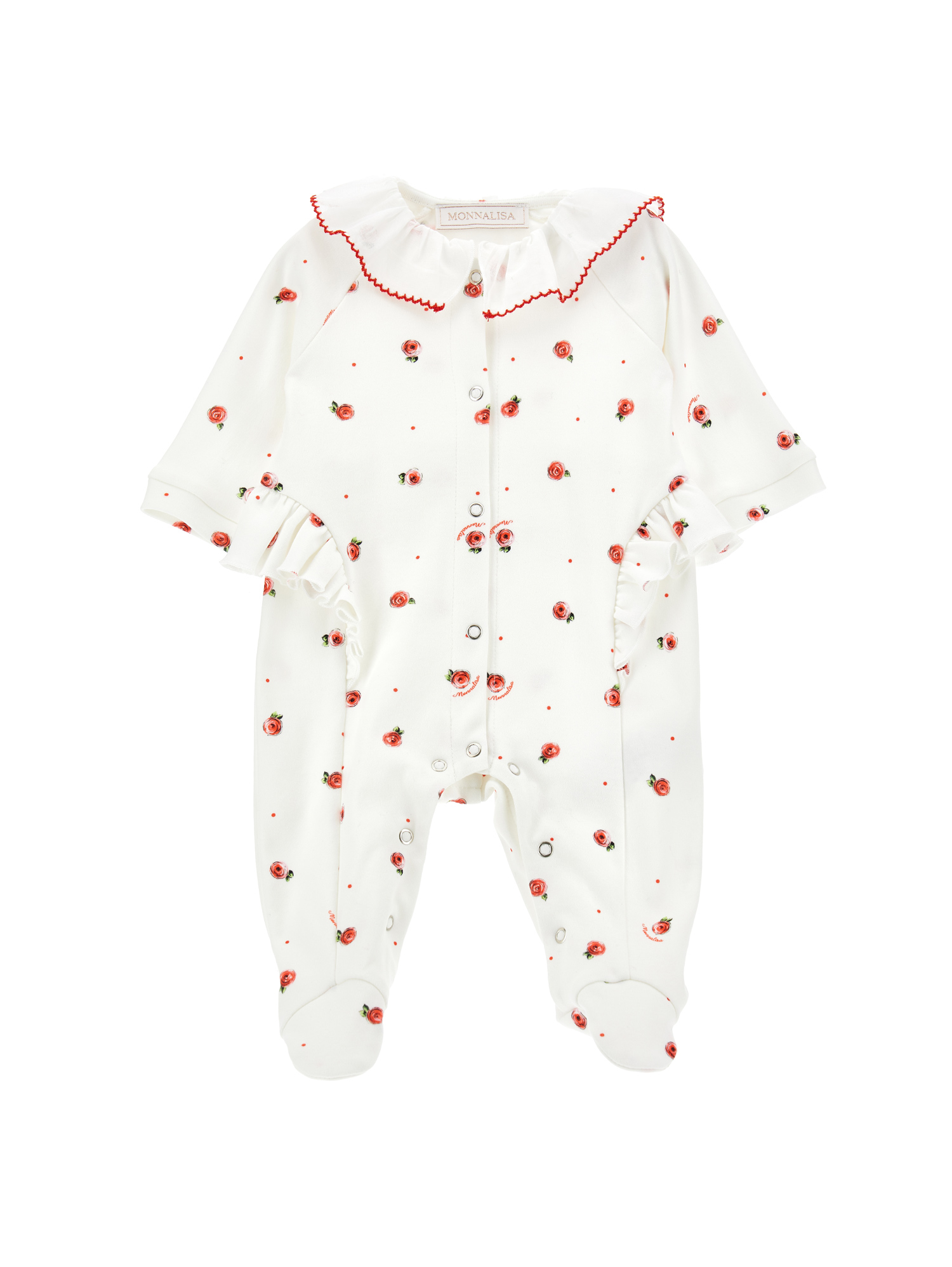 Shop Monnalisa Cotton Playsuit With Muslin Collar In Cream + Ruby Red