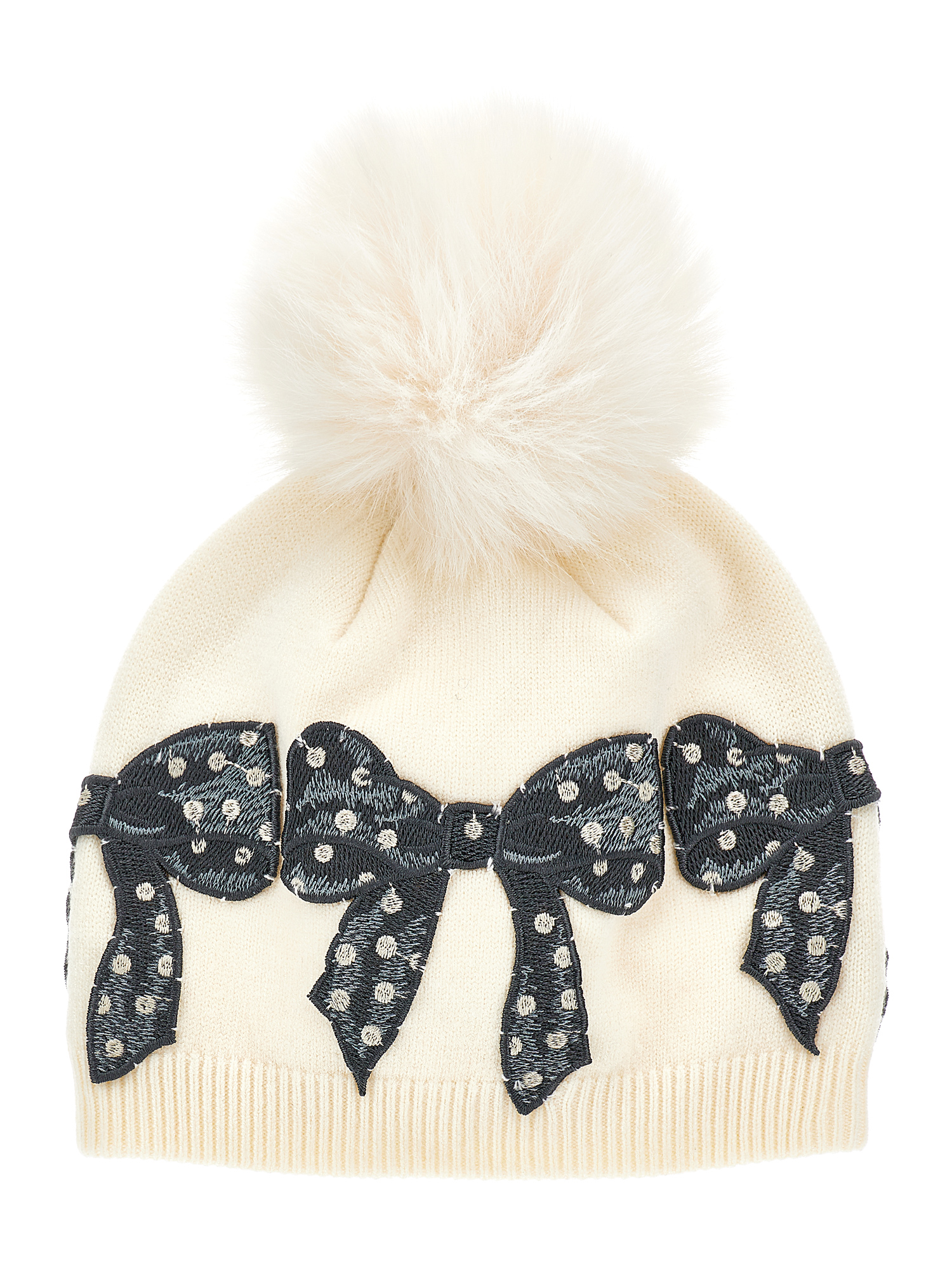 Monnalisa Wool Blend Hat With Bows In Ecru