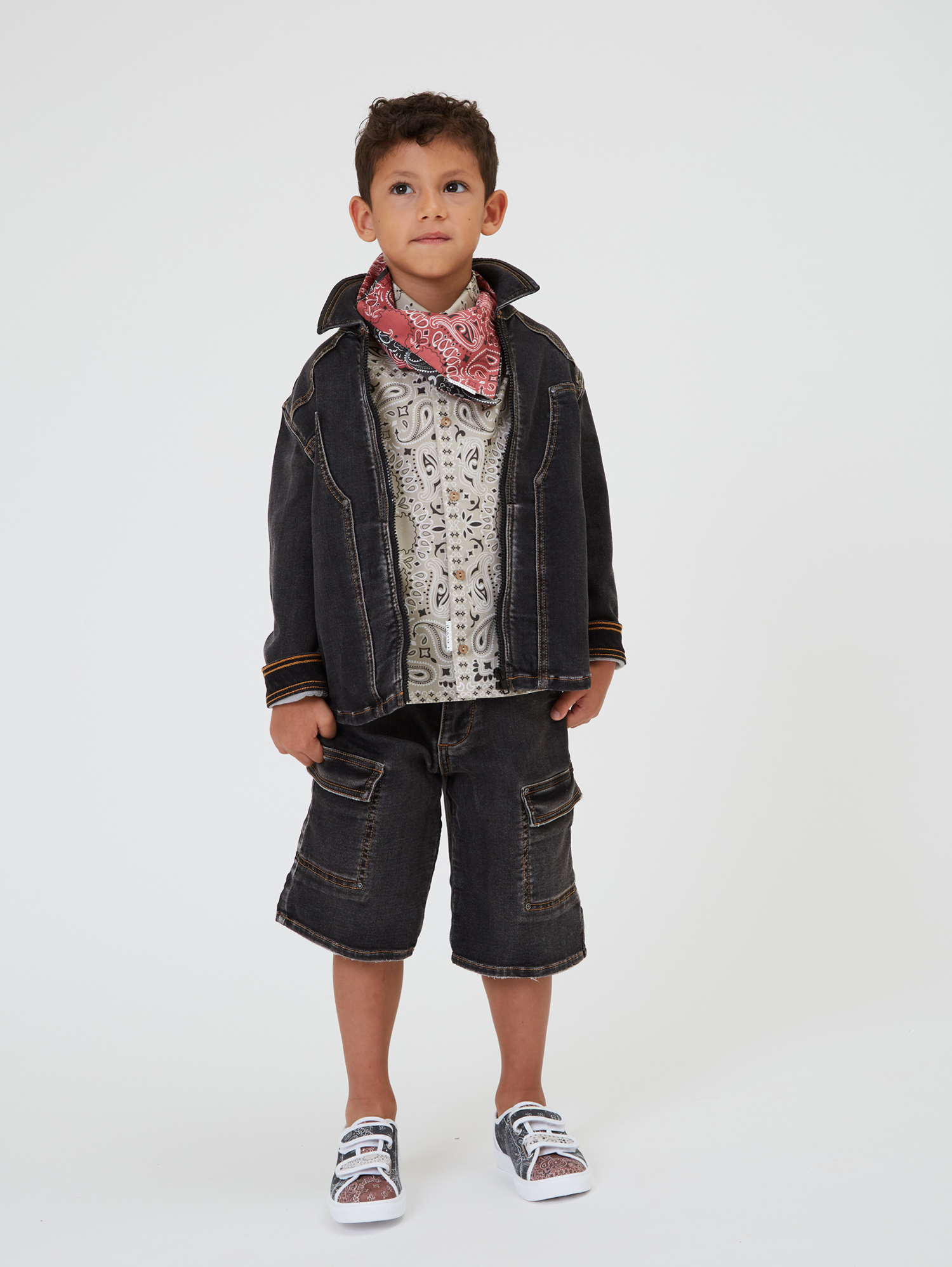 Shop Monnalisa Mickey Mouse Denim Cargo Bermuda Shorts In Black