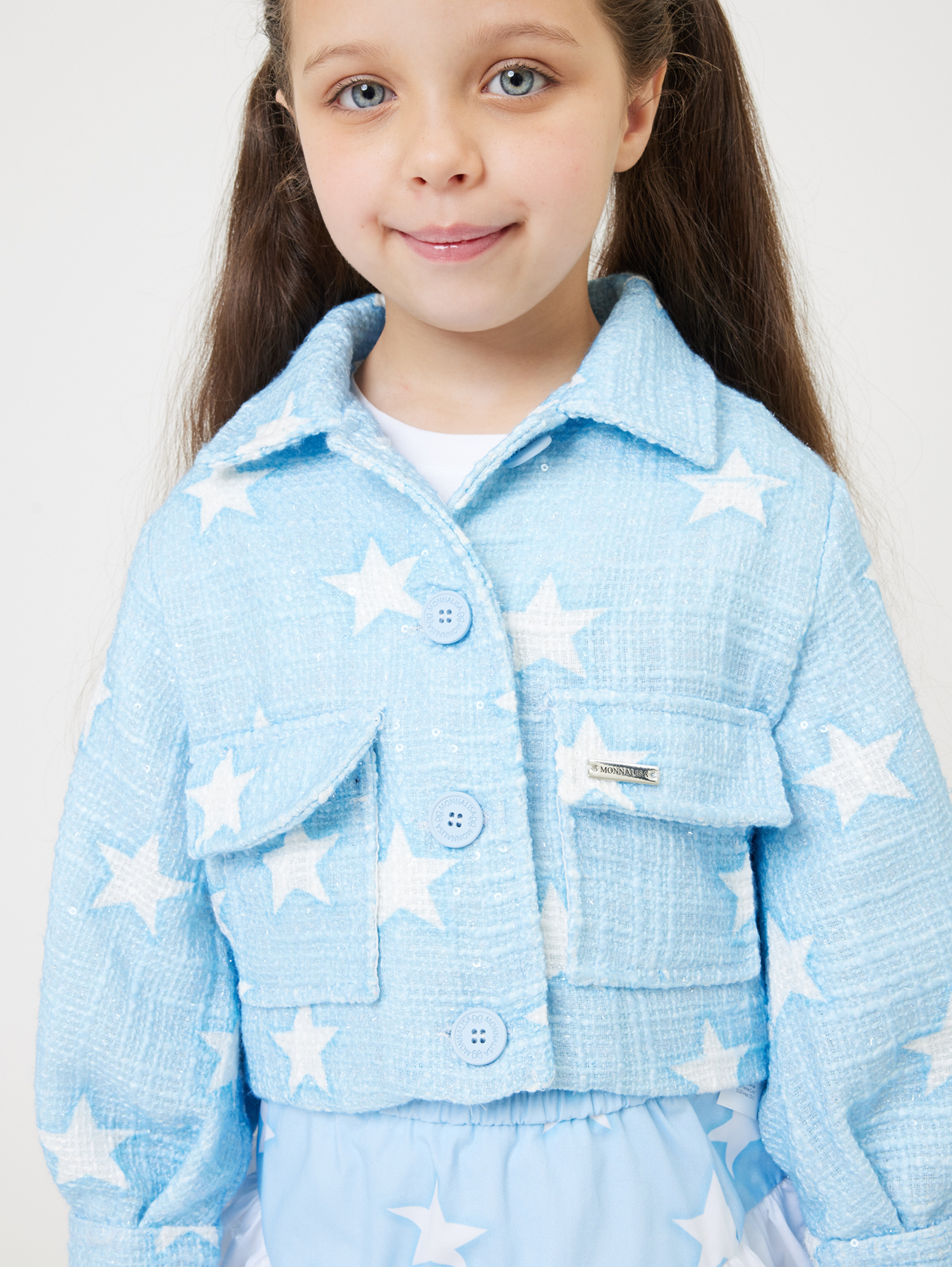 Monnalisa Star Bouclé Short Jacket In Light Blue