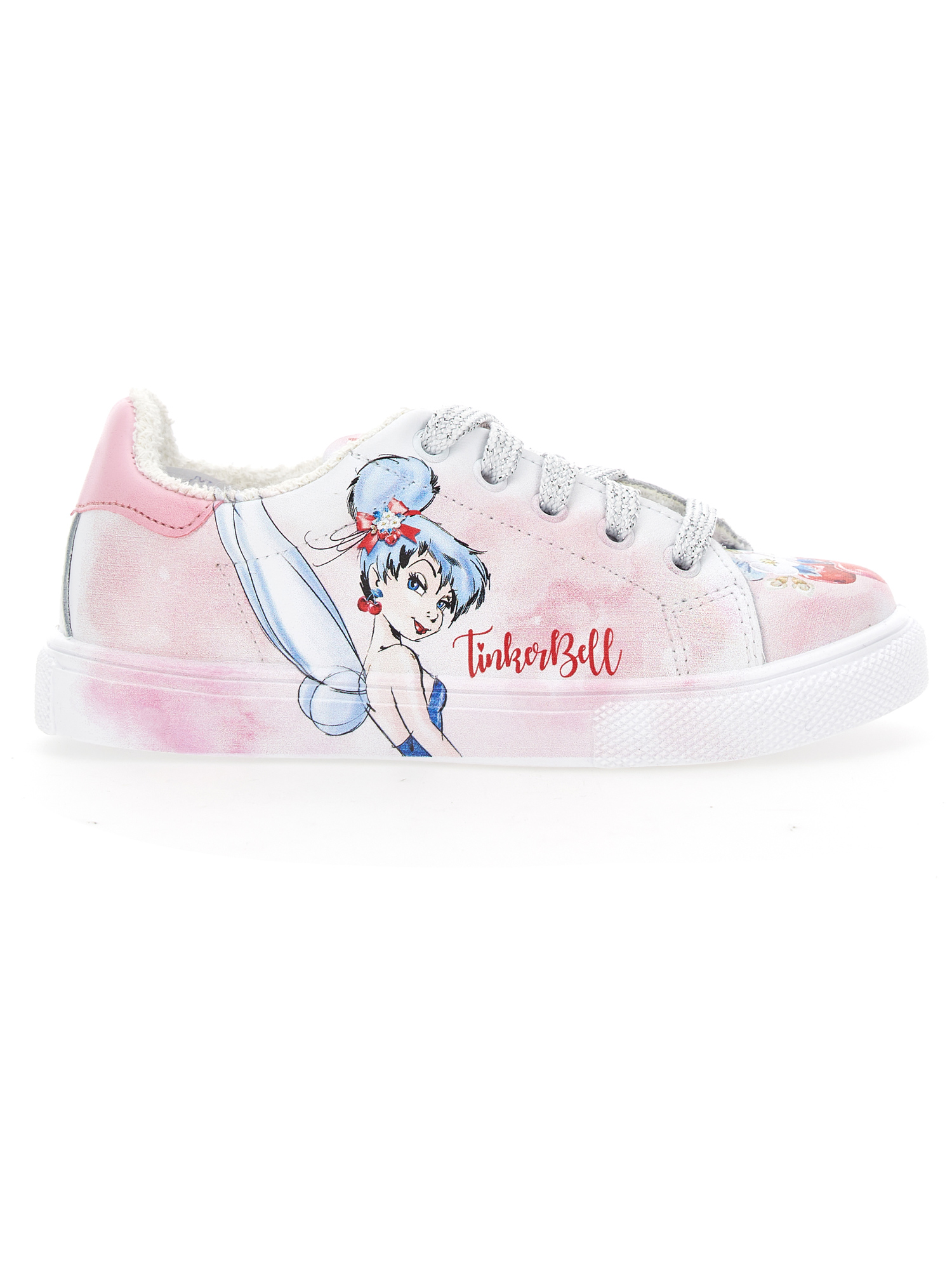 Monnalisa Tinkerbell Print Sneakers In Cream + Pink