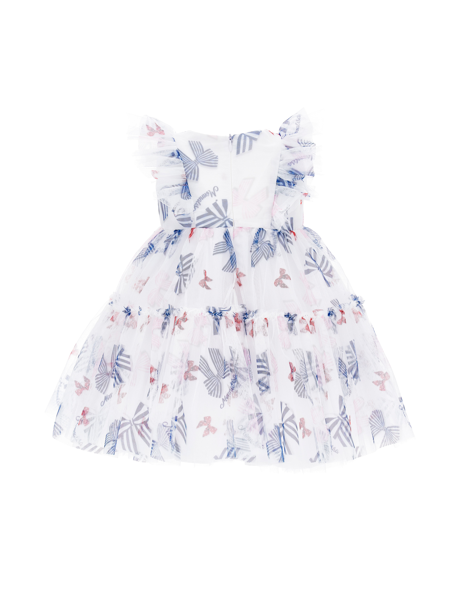 Shop Monnalisa Tulle Dress With Bow Print In White + Blue