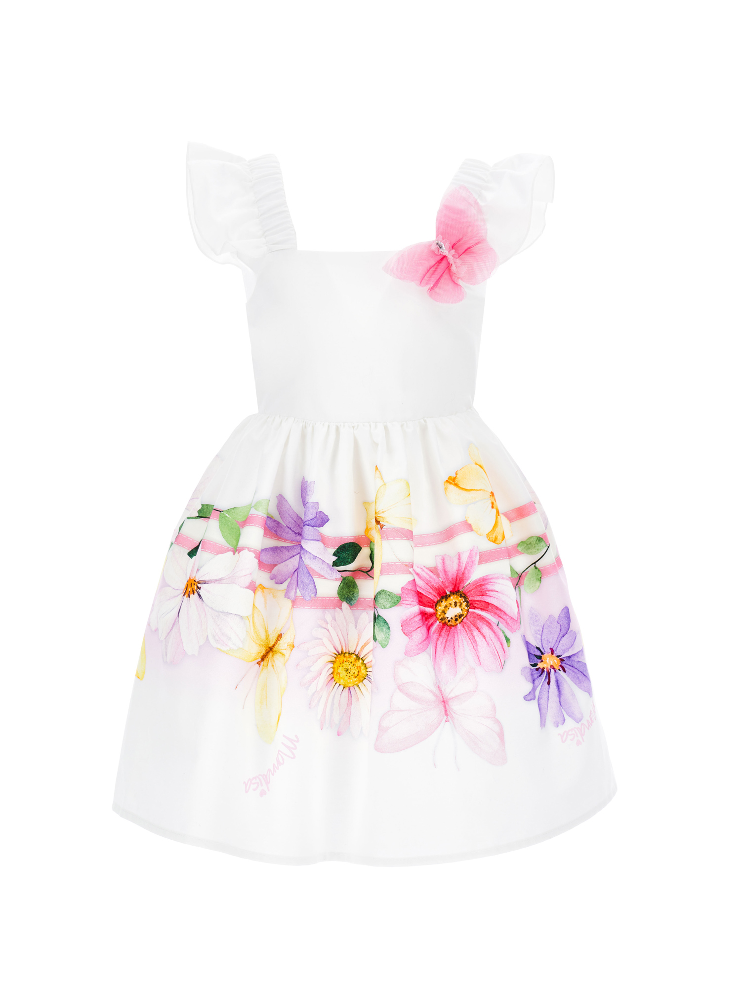 Shop Monnalisa Floral Poplin Dress With Butterfly In White + Multicolor