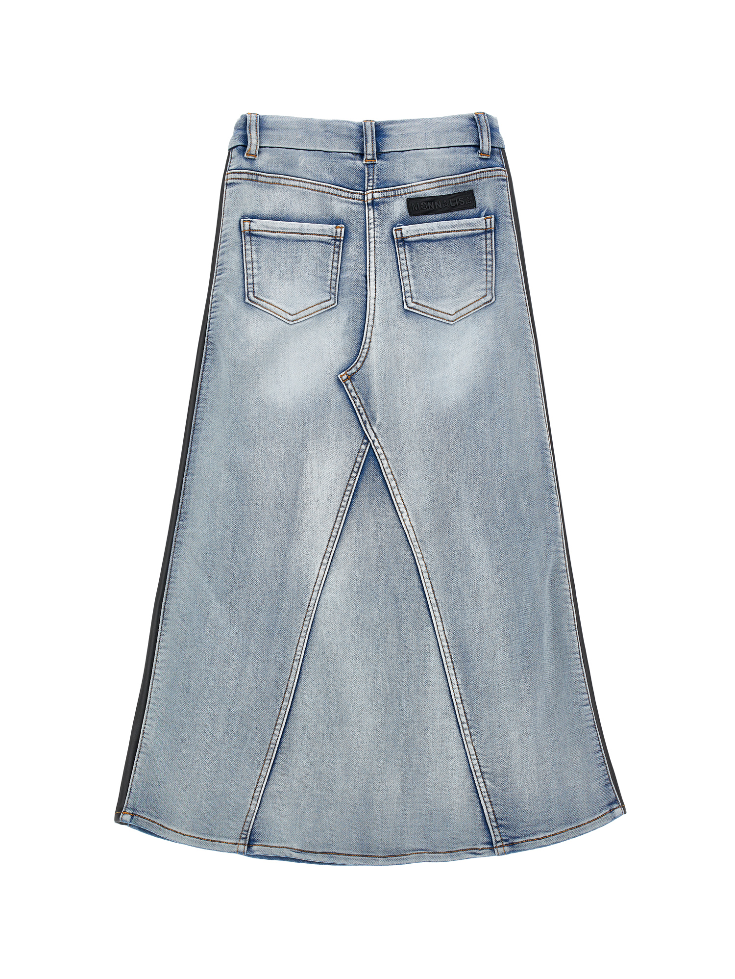 Monnalisa Denim Skirt With Side Bands In Stone Bleach
