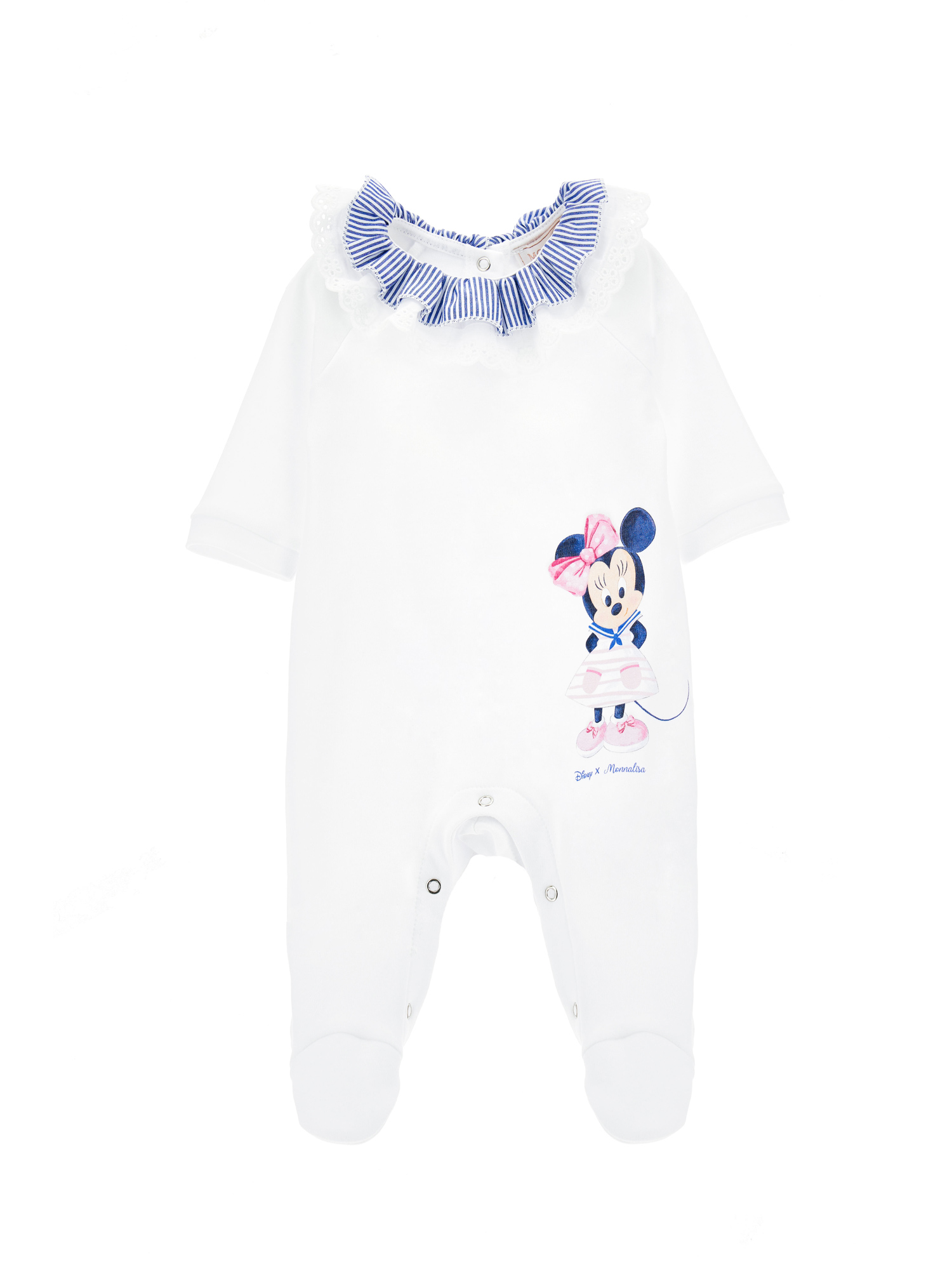 Monnalisa Babies'   Cotton Playsuit With Striped Collar And Lace In White + Blue
