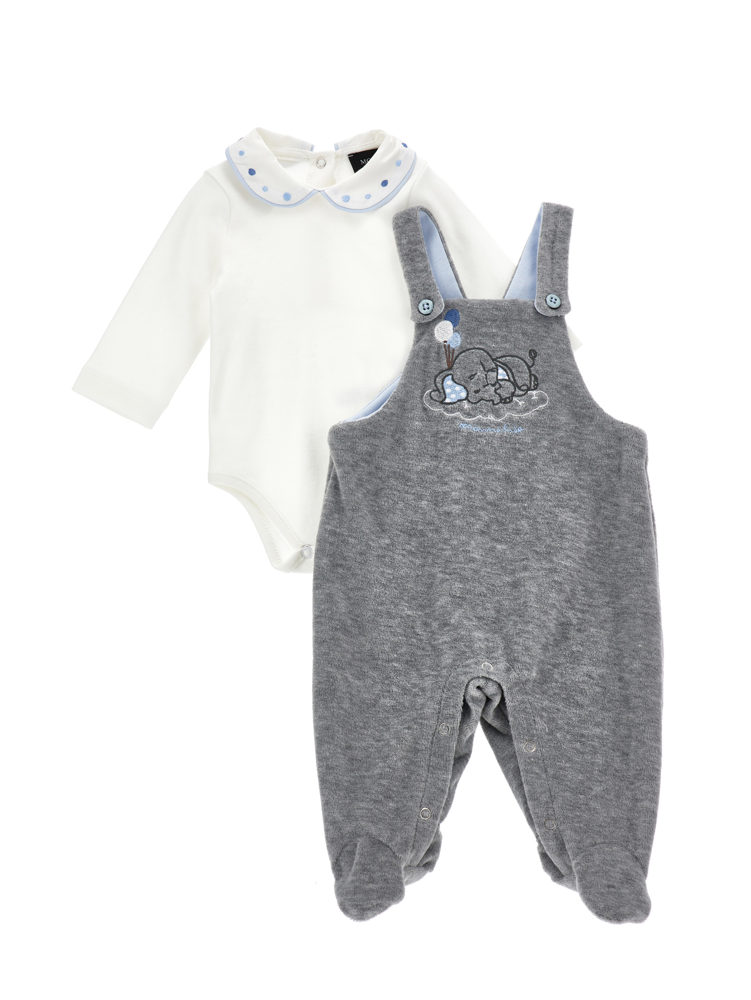 Monnalisa Cotton Chenille Dungarees Set In Cream + Grey