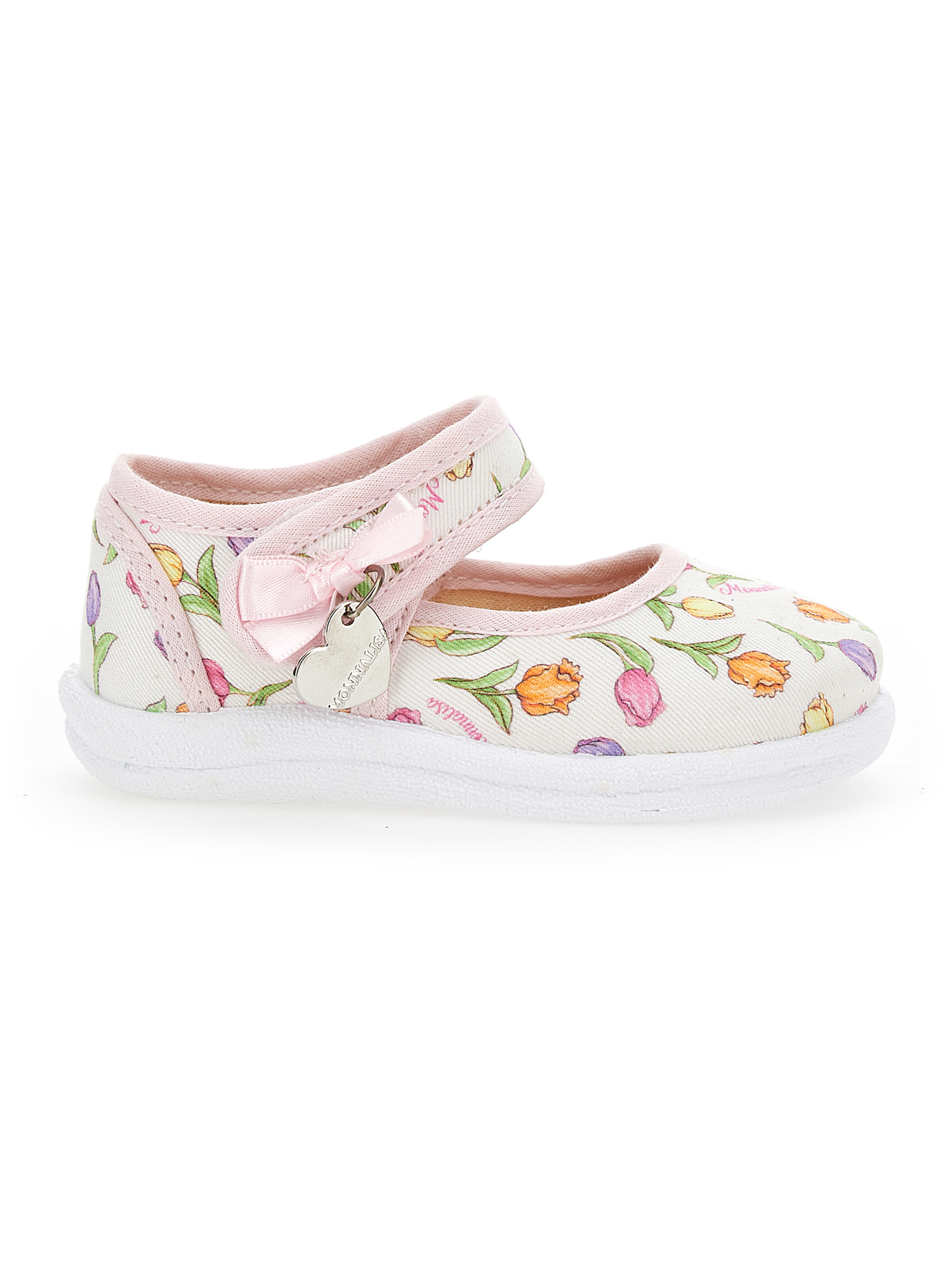 Monnalisa Tulip Print Gabardine Ballet Flats In White + Rosa Fairytale