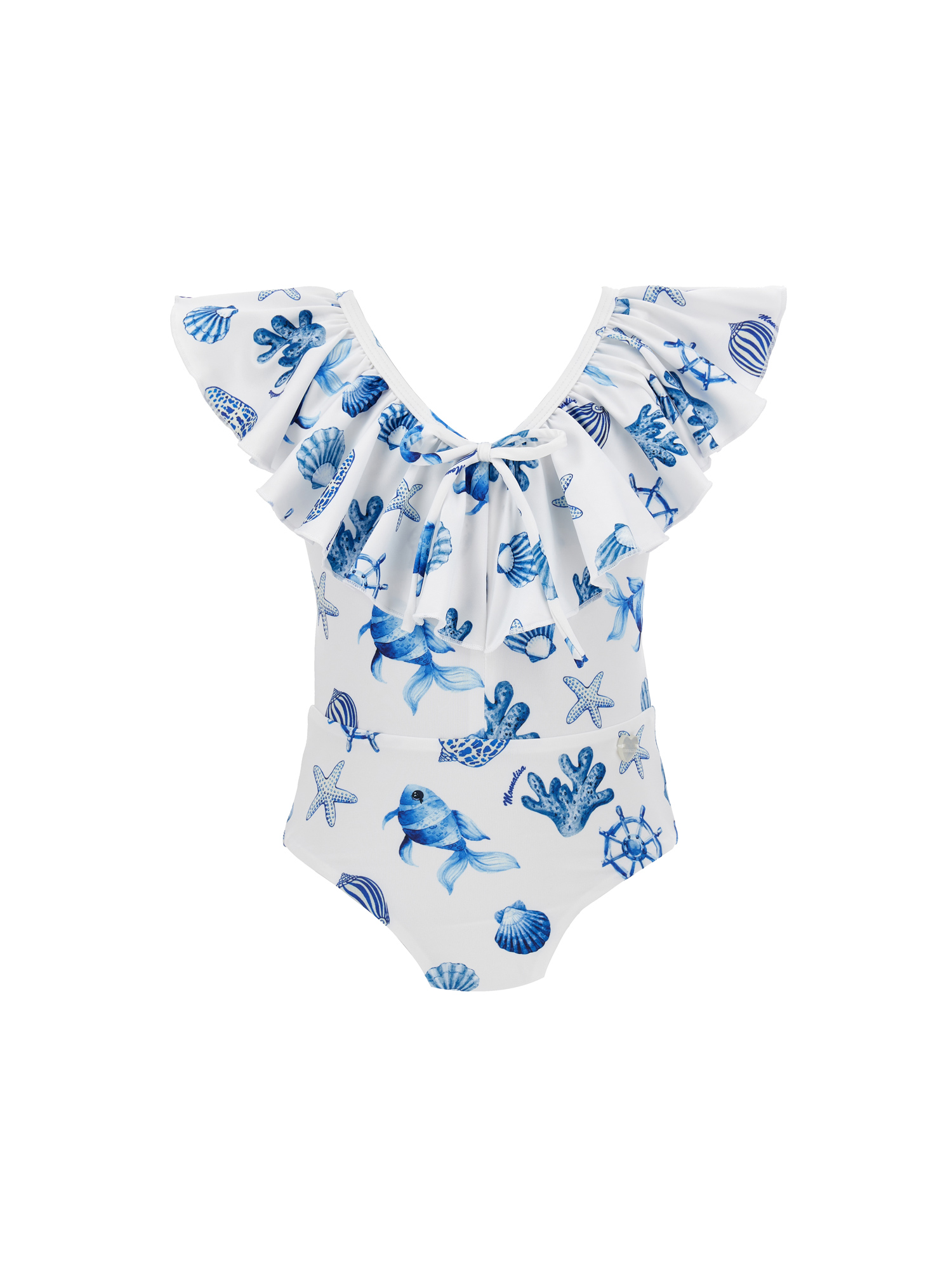 Monnalisa Marine Stretch Swimsuit In White + Blue