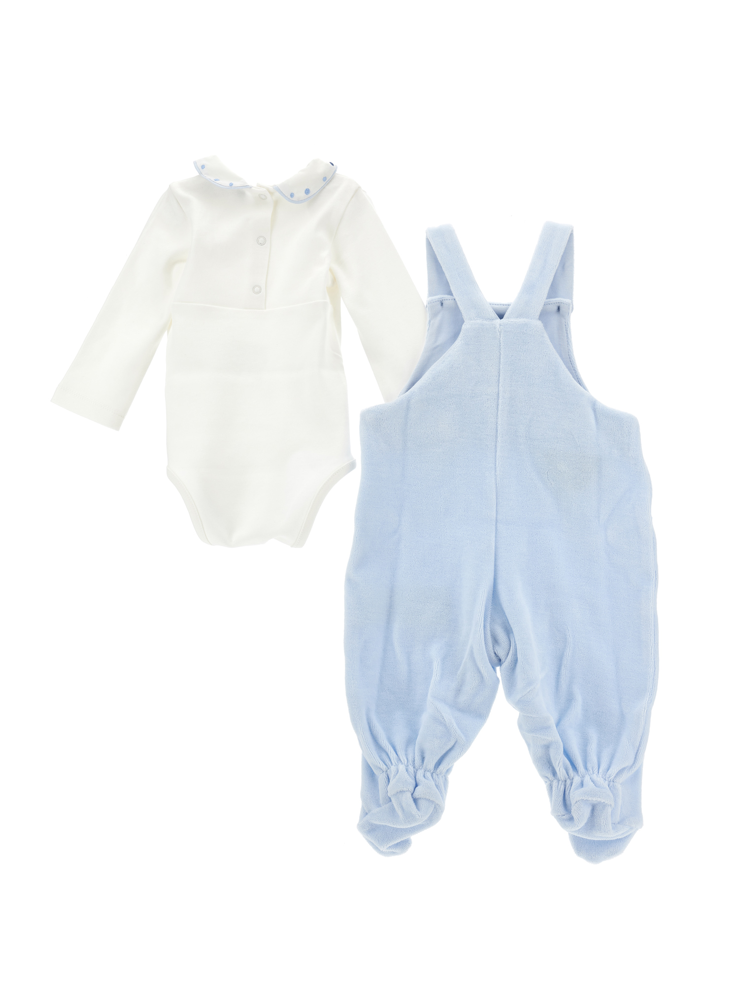 Monnalisa Cotton Chenille Dungarees Set In Cream White + Sky Blue