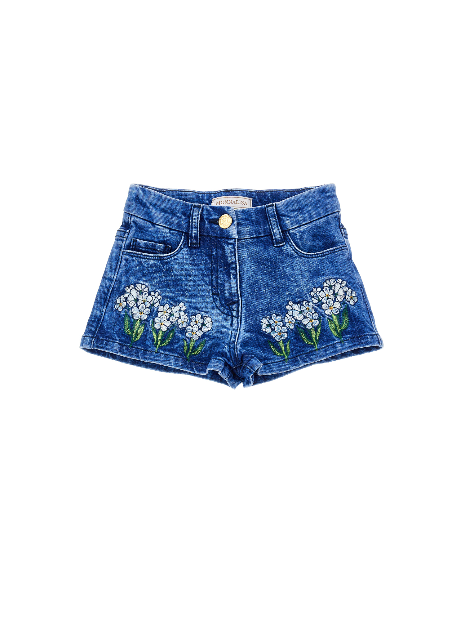 Monnalisa Kids'   Embroidered Denim Shorts In Denim Blue + Sky Blue