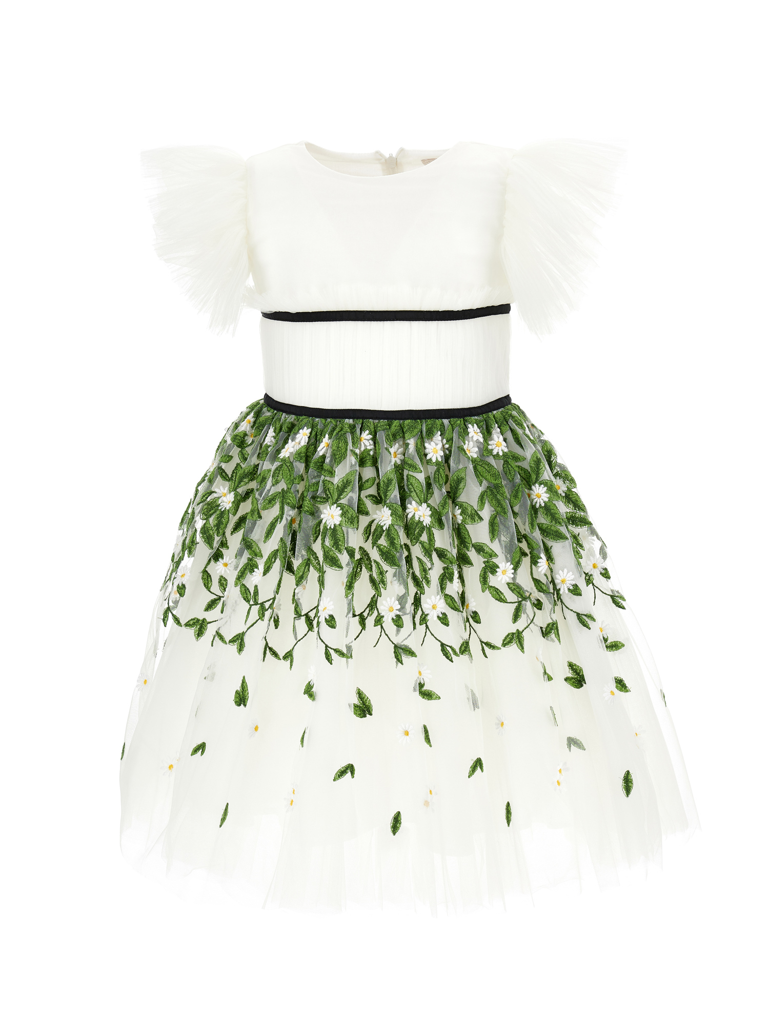 Monnalisa Kids'   Tulle Dress With Leaf Embroidery In White