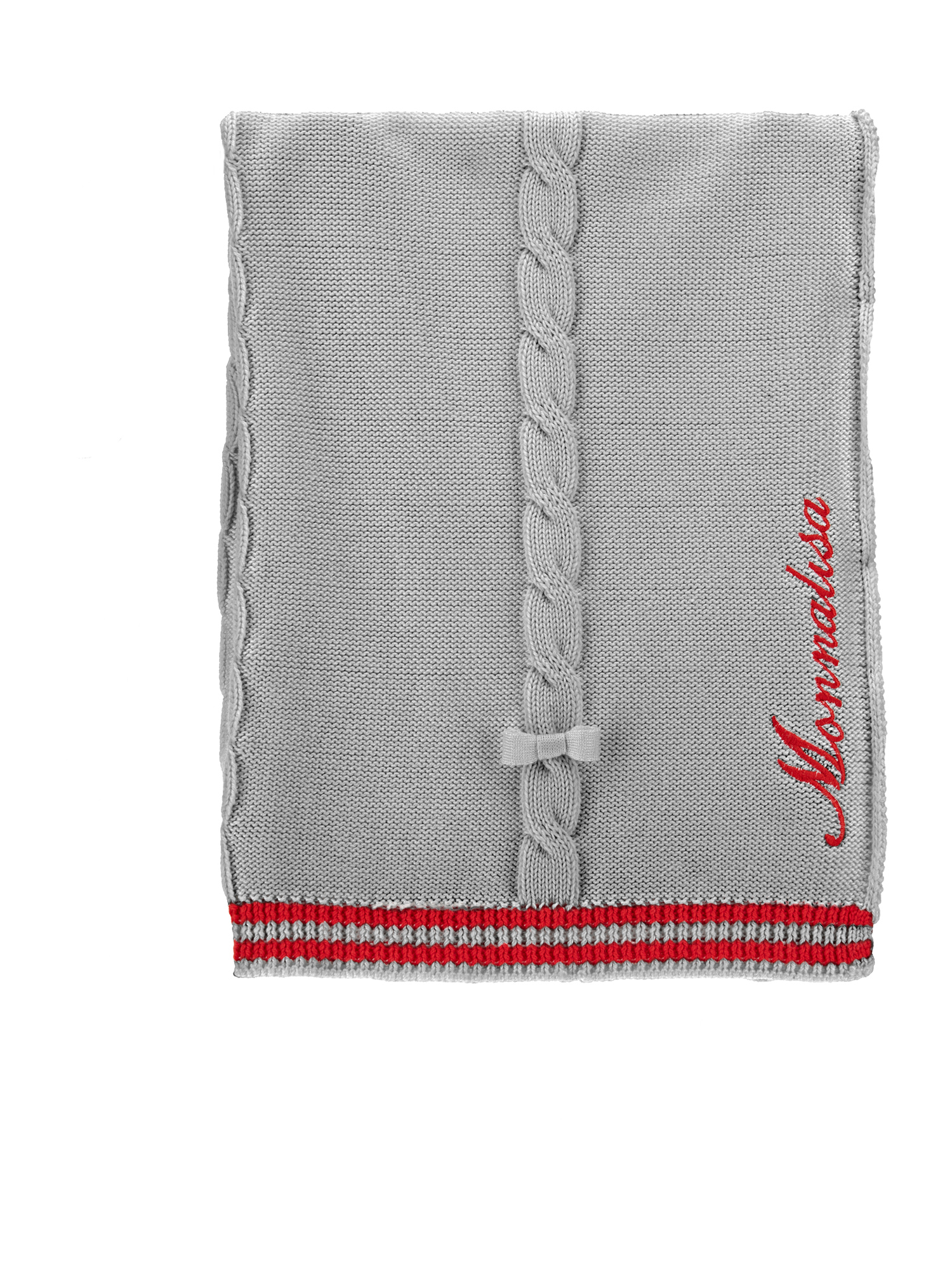 Monnalisa Two-tone Cotton Yarn Blanket In Light Grey + Ruby Red