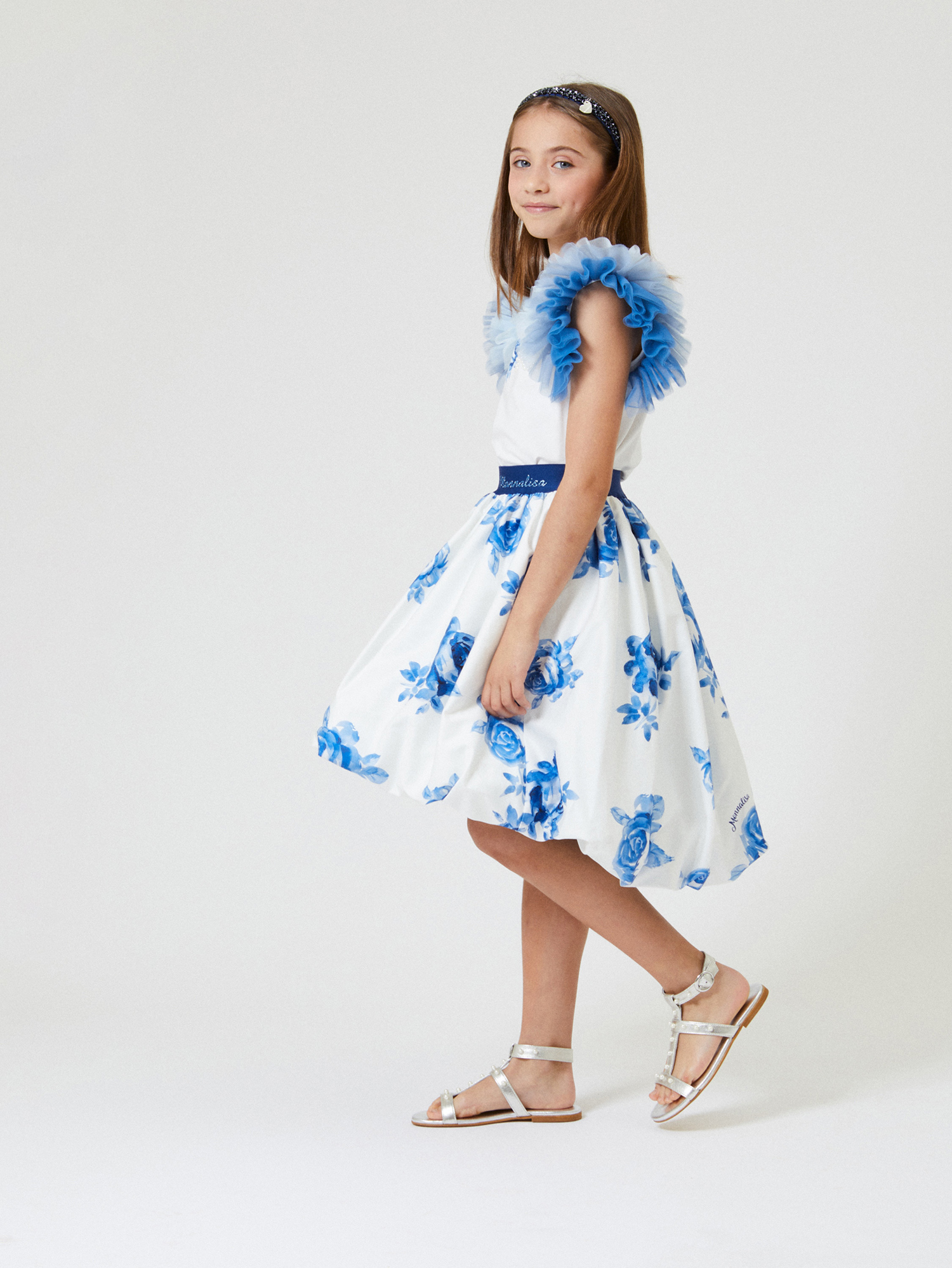 Shop Monnalisa Rose Cotton Balloon Skirt In Cream + Electric Blue