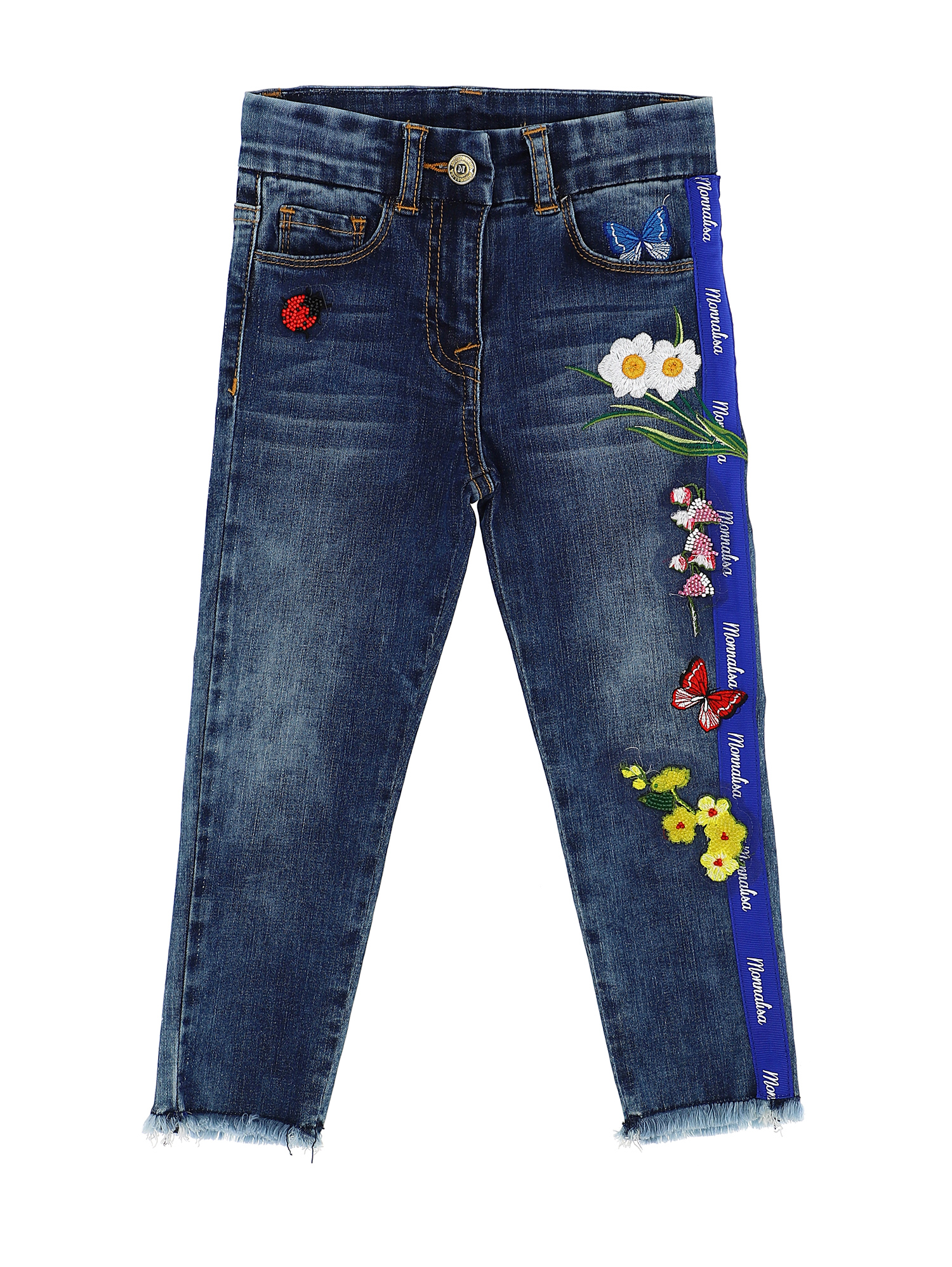Monnalisa Kids'   Jeans With Logo And Embroidery In Blu Stone Denim