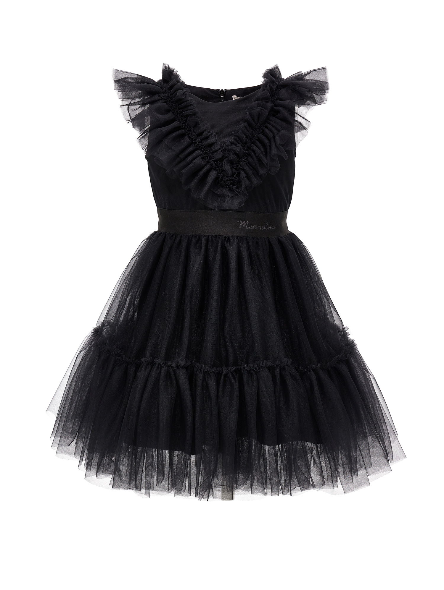 Monnalisa Kids'   Silk-touch Tulle Dress With Rhinestones In Black